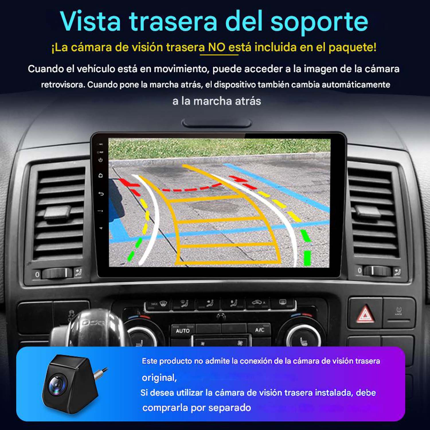 Panel coche con pantalla cámara trasera, y cámara.
