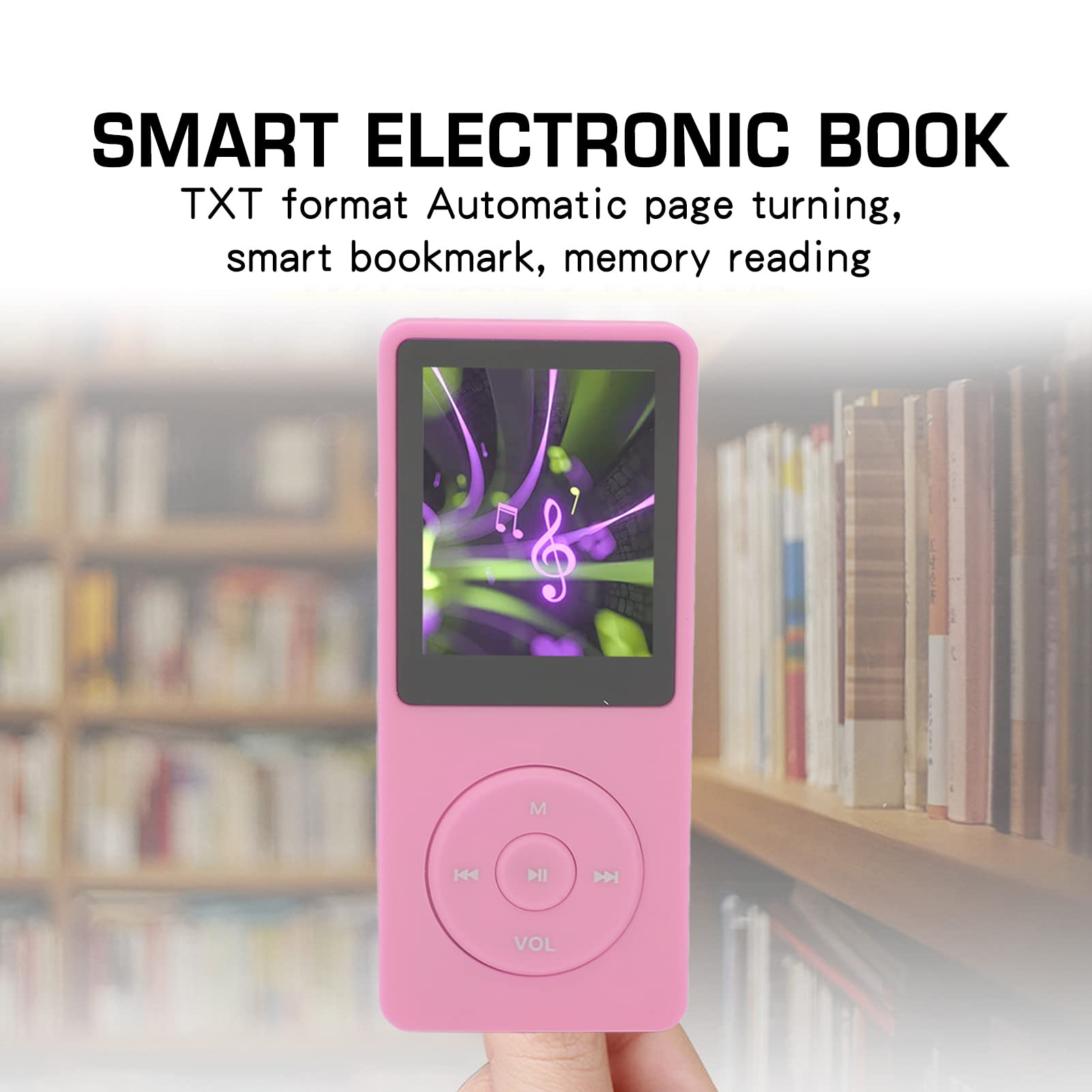 Rosa Smart Electronic Book mit einem Bildschirm, der Notizen anzeigt, vor einem Bücherregal gehalten.