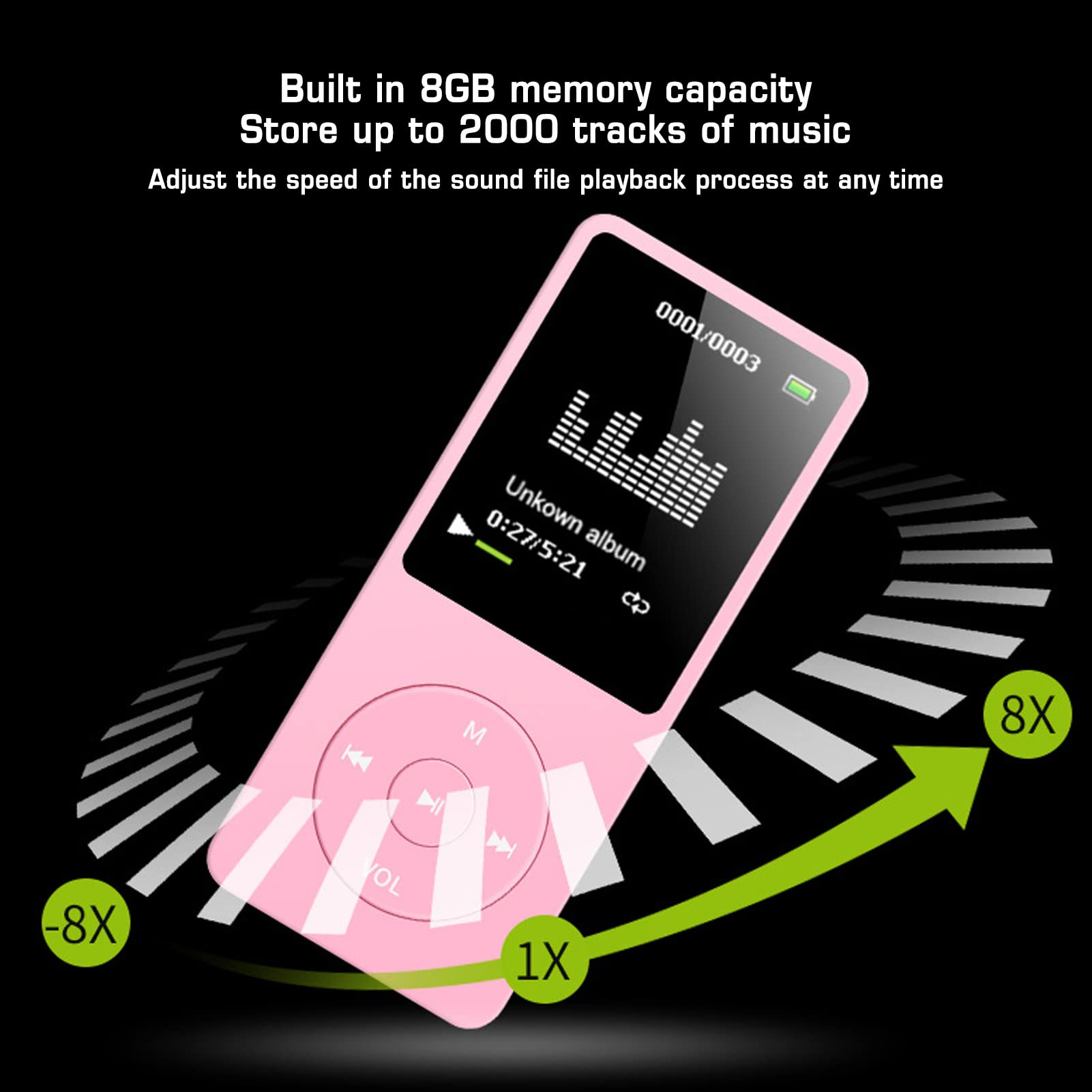 Rosa MP3-Player mit Bildschirm, der Musikdetails zeigt. Der Player hat Wiedergabesteuerungen.