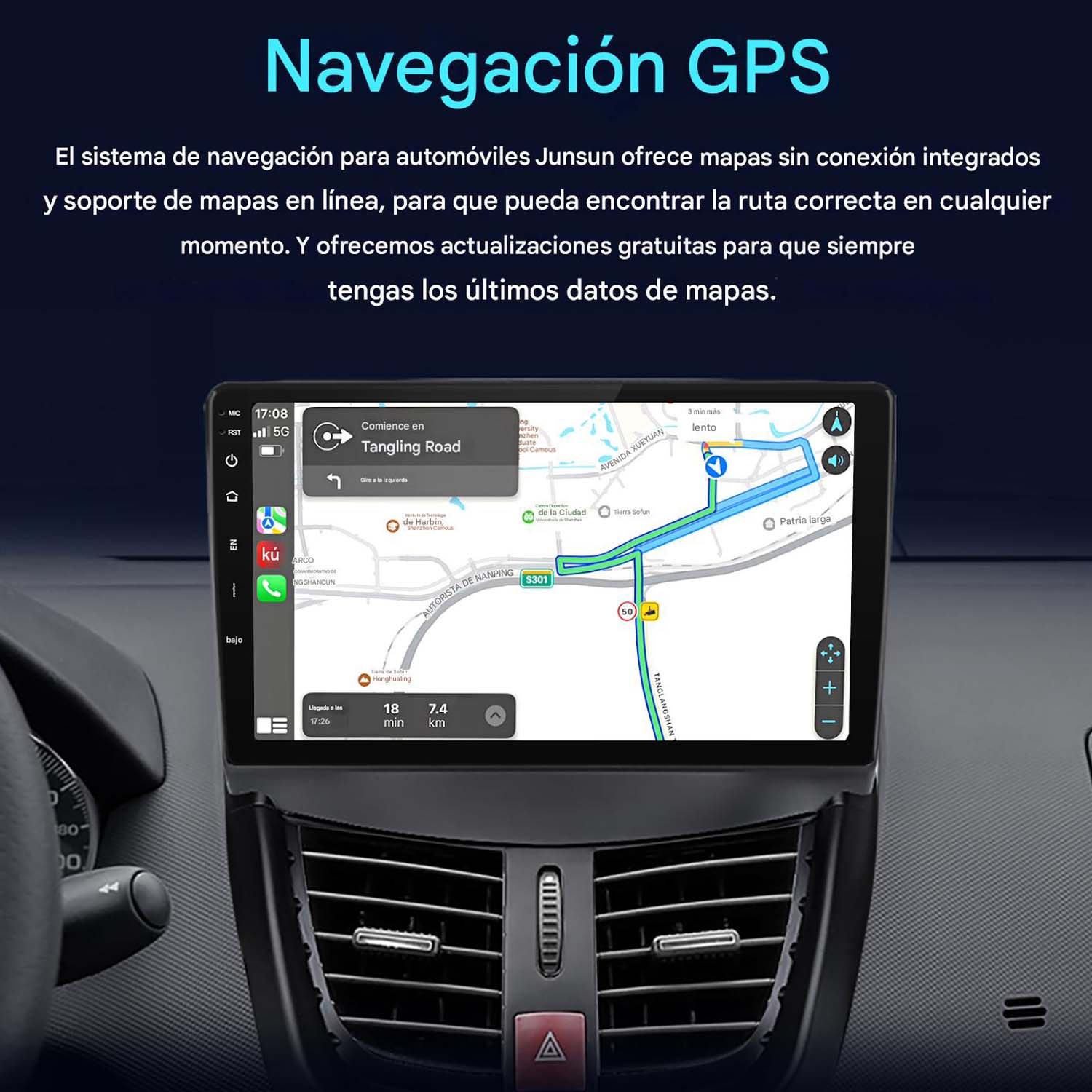 Pantalla de navegación GPS en un coche. Muestra un mapa con ruta e información de conducción. El interior del coche es visible.