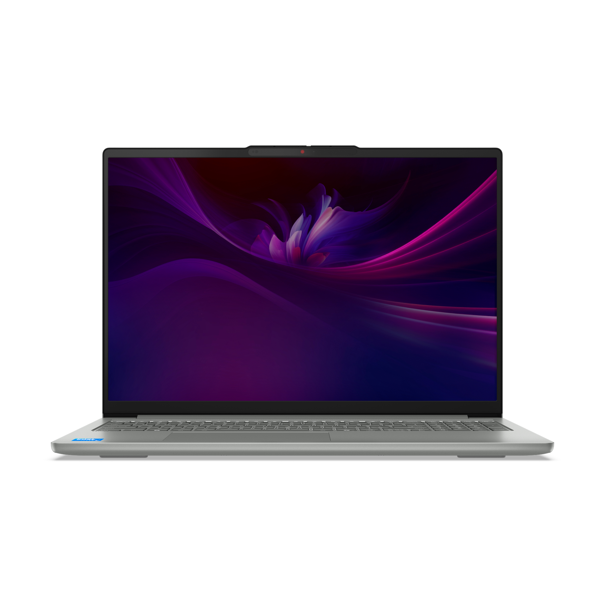 Laptop argentato su sfondo bianco. Lo schermo mostra un design colorato.