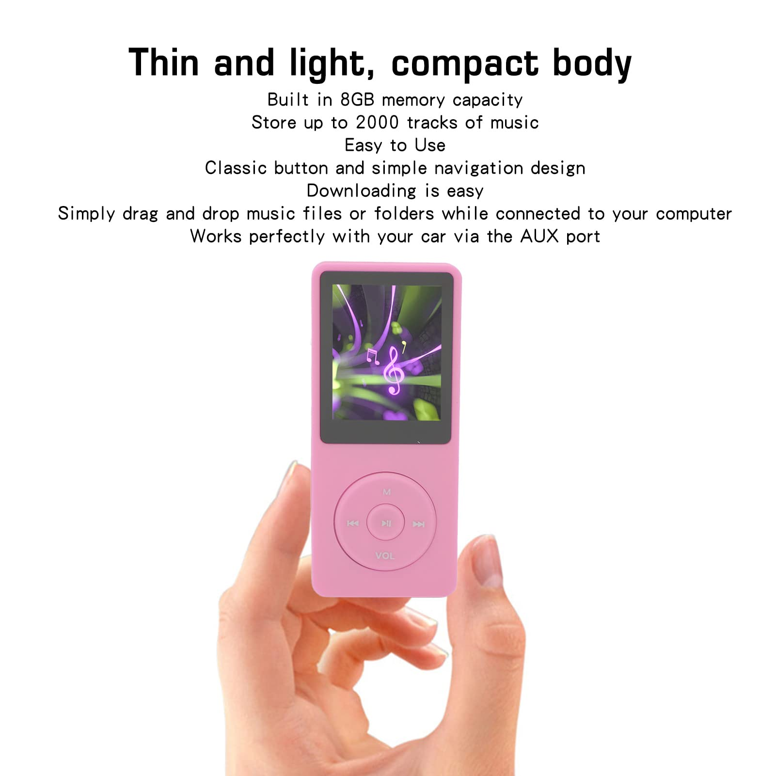 Ein rosa MP3-Player mit Bildschirm und Knöpfen, in der Hand gehalten, mit Text dazu.