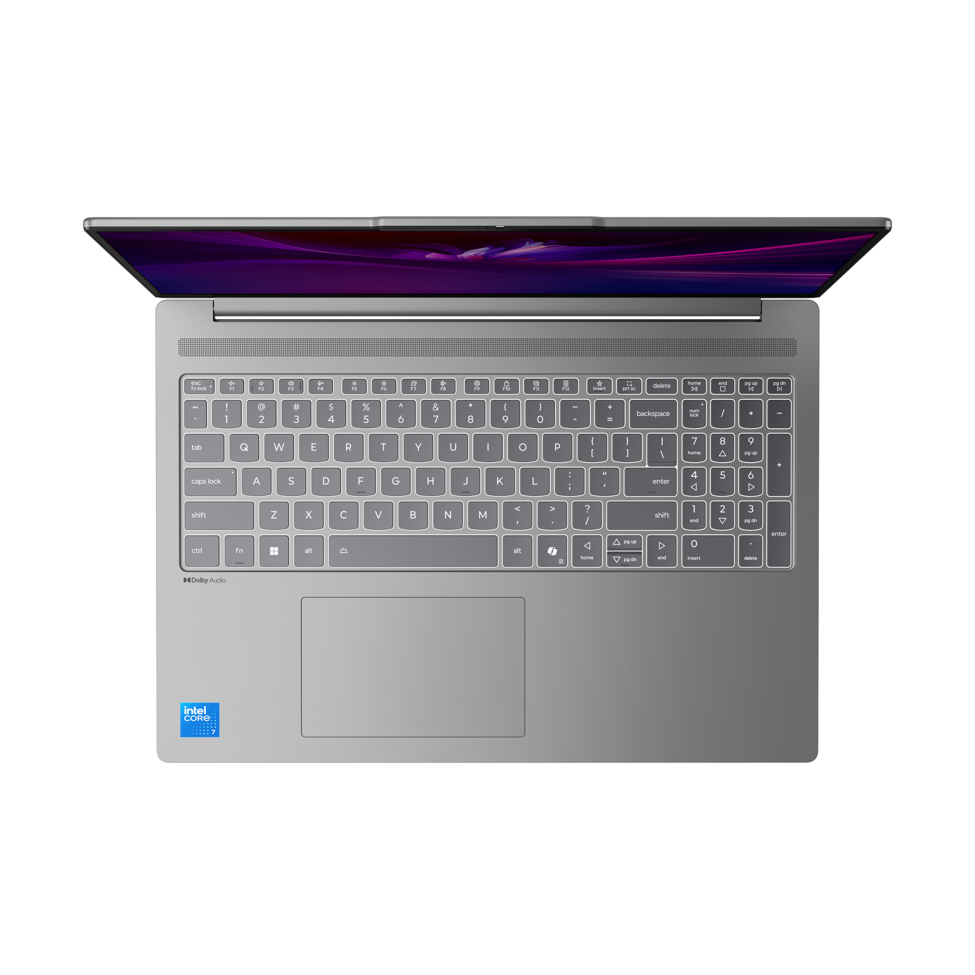 Laptop aperto, corpo argento, tastiera e schermo con sfumatura viola.