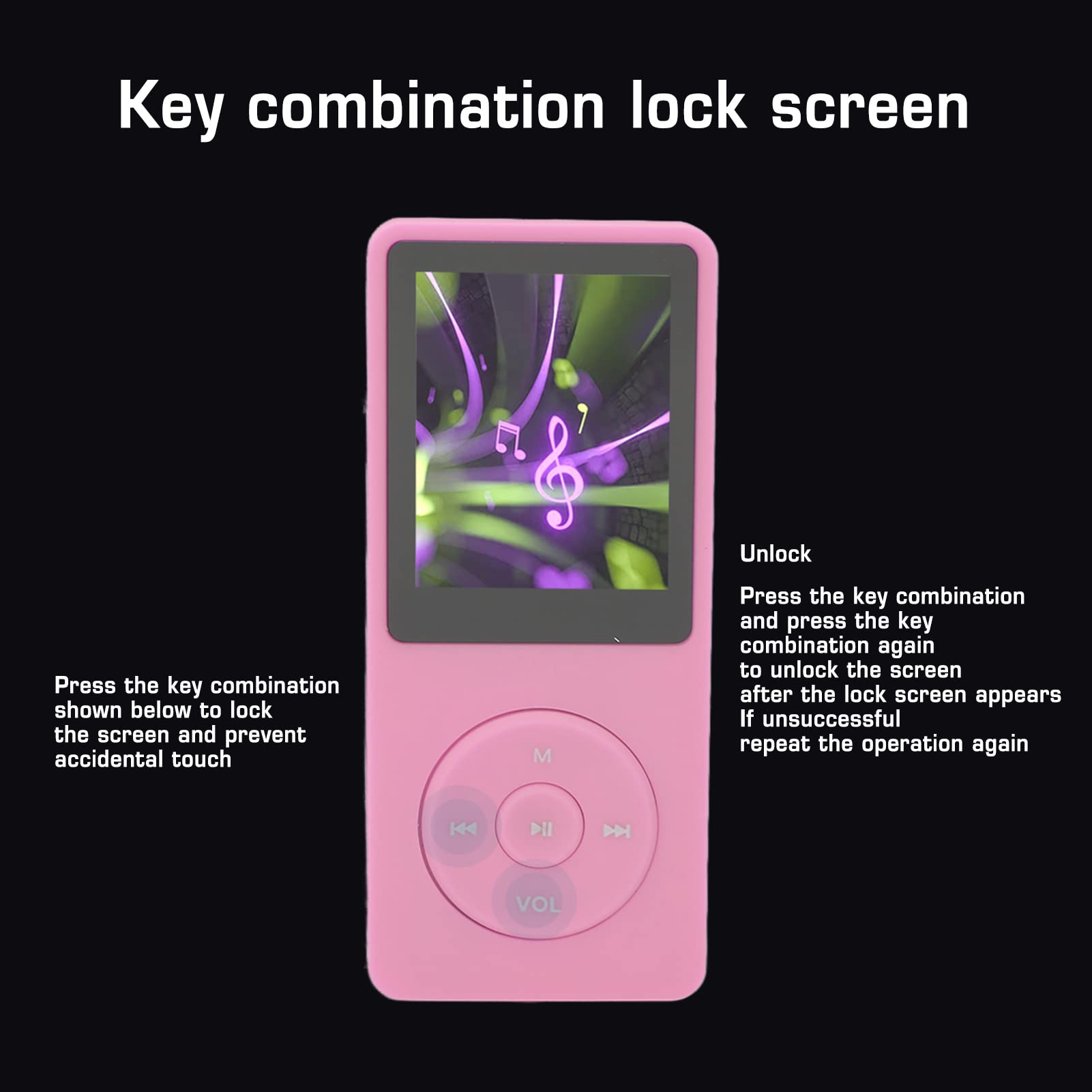 Rosa MP3-Player mit Bildschirm und Knöpfen, Anweisungen an der Seite, schwarzer Hintergrund.