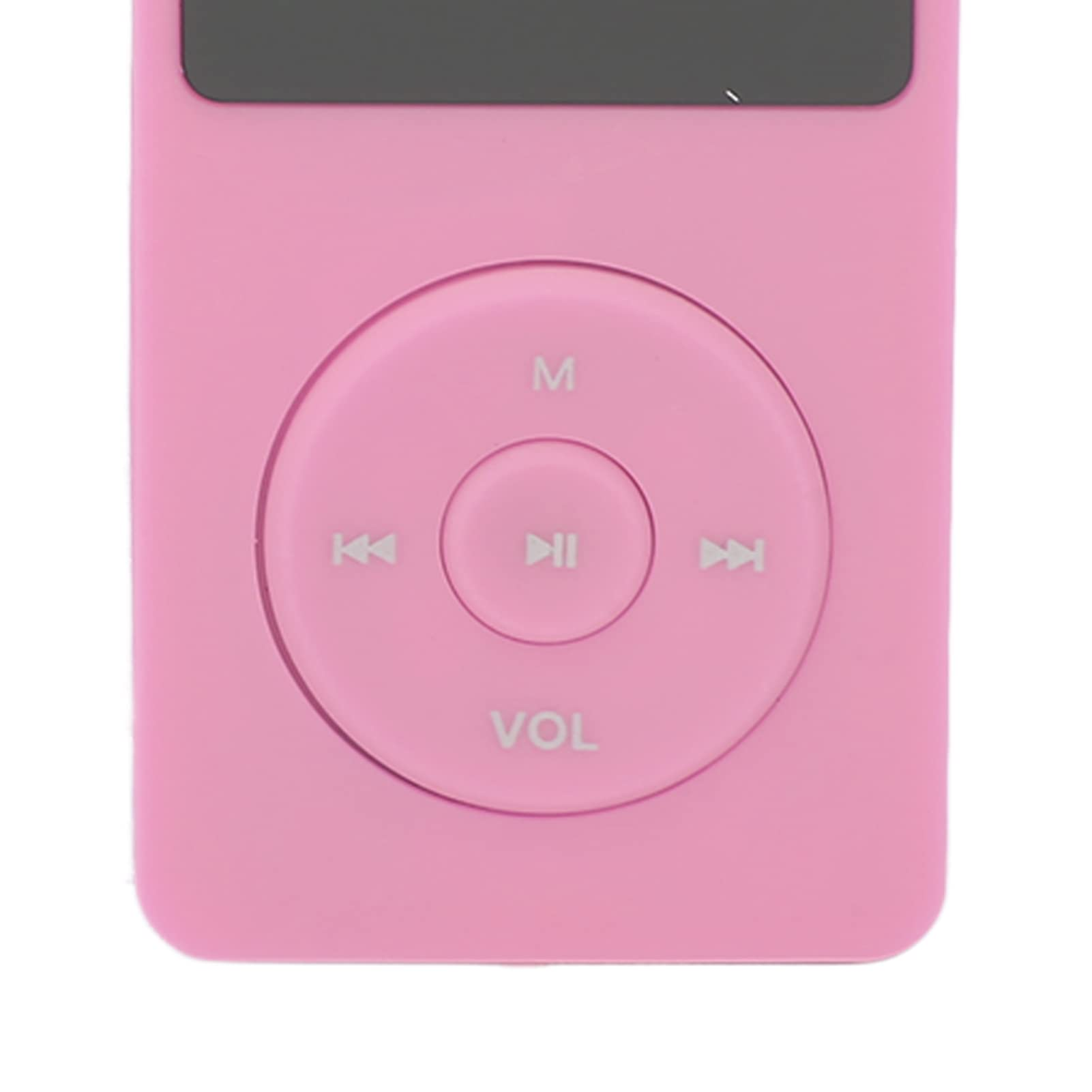 Ein rosa MP3-Player, die Steuertasten befinden sich in der Mitte. Nahaufnahme auf weißem Hintergrund.
