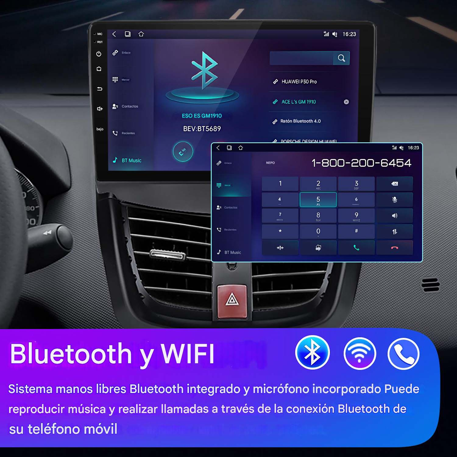 Una pantalla de estéreo de coche que muestra las funciones de Bluetooth y WiFi. Incluye iconos de llamadas y música y un teclado telefónico.