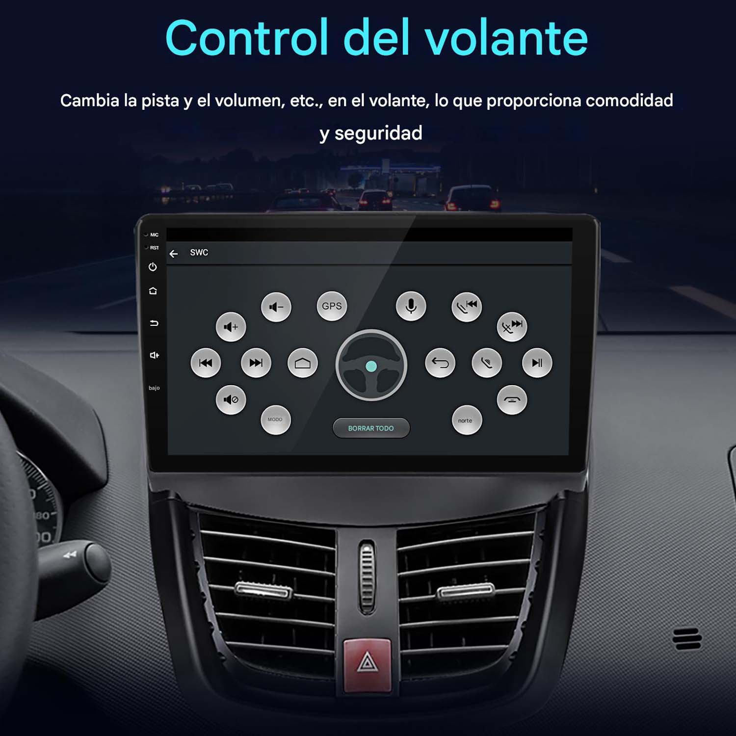 Pantalla de radio de coche mostrando opciones de control del volante, como volumen y pista.