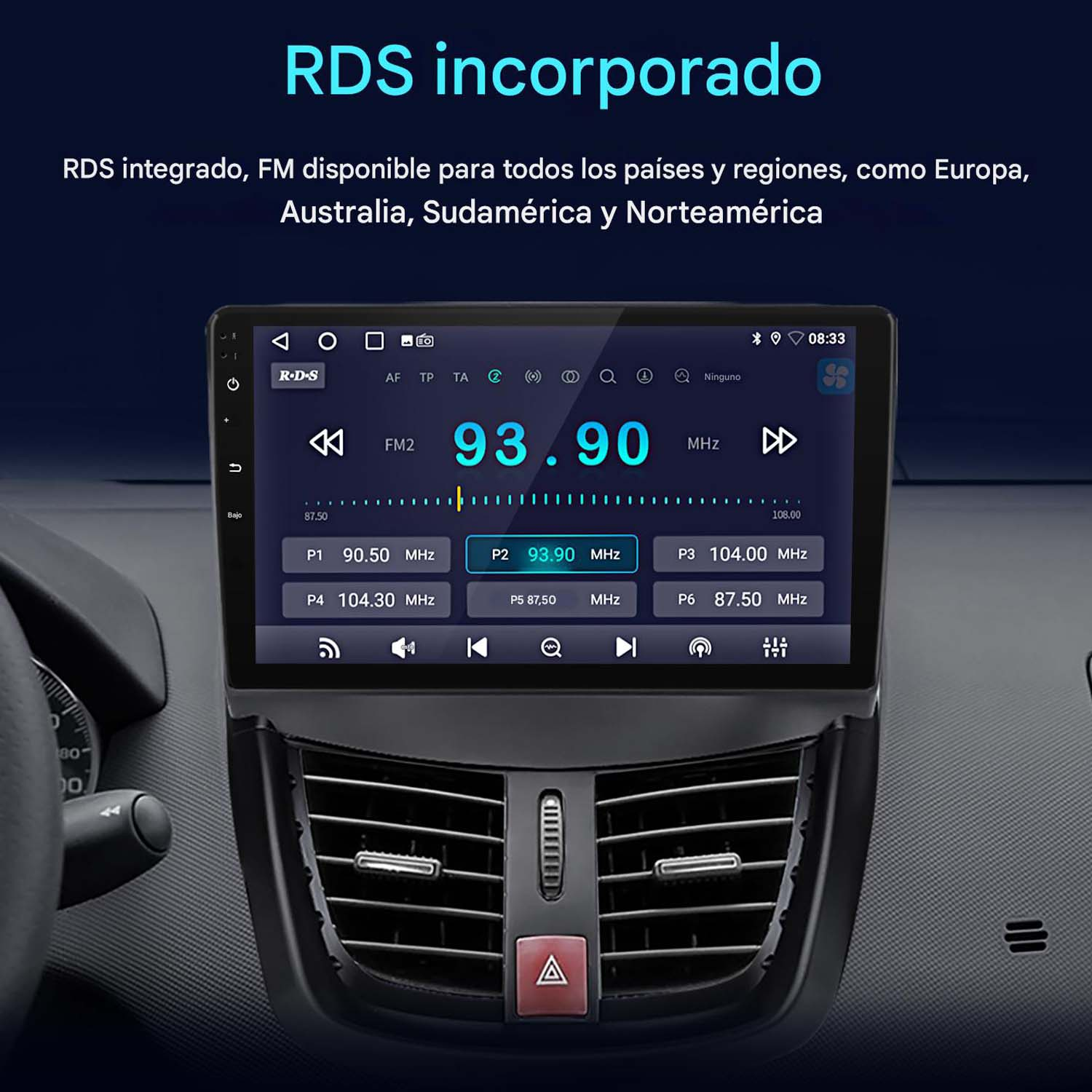 Pantalla de radio de coche mostrando información RDS y frecuencias de radio. Salpicadero visible con botón de peligro.
