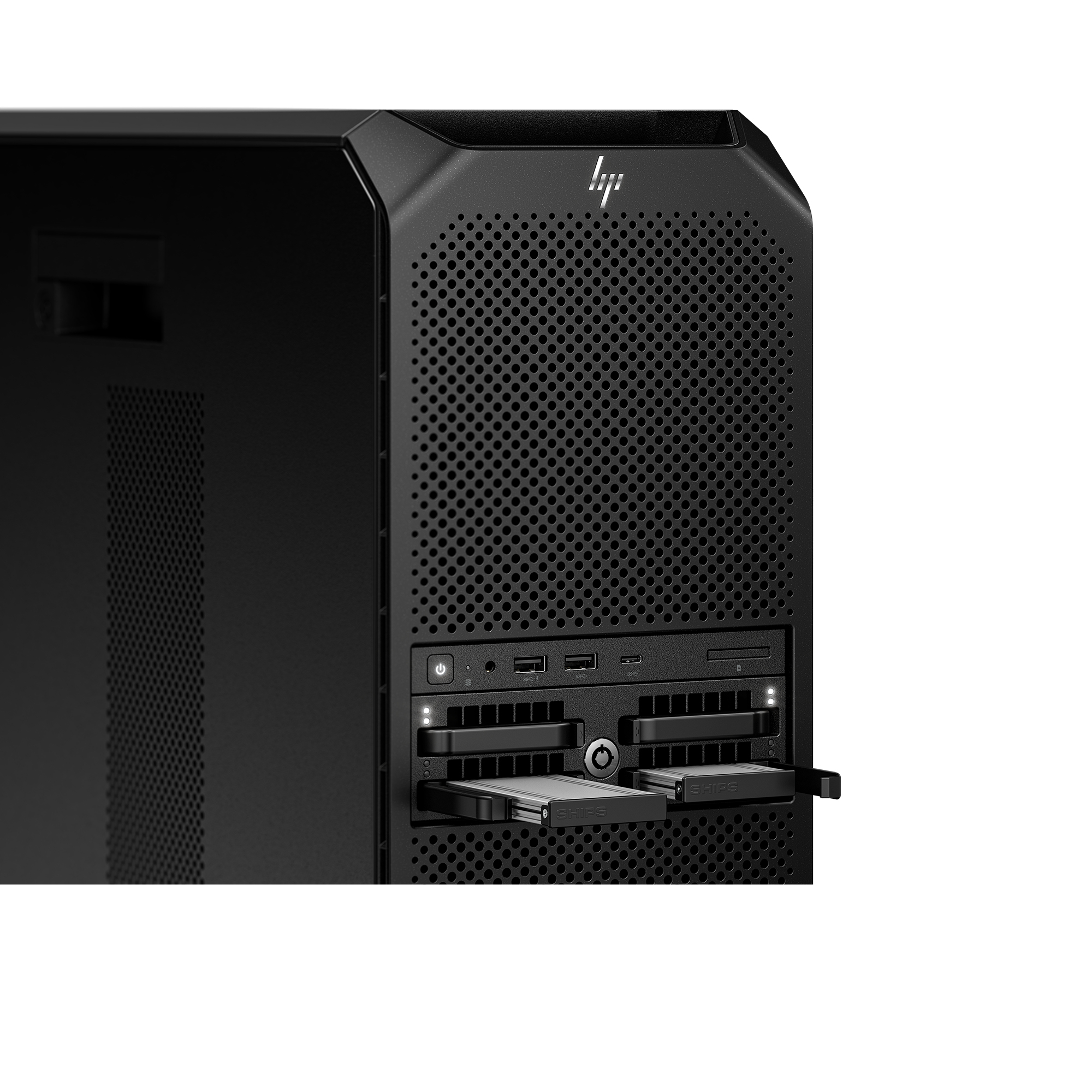 Ein schwarzer Computer-Tower mit dem HP-Logo. Der Turm hat ein schlankes, professionelles Design mit mehreren USB-Anschlüssen.
