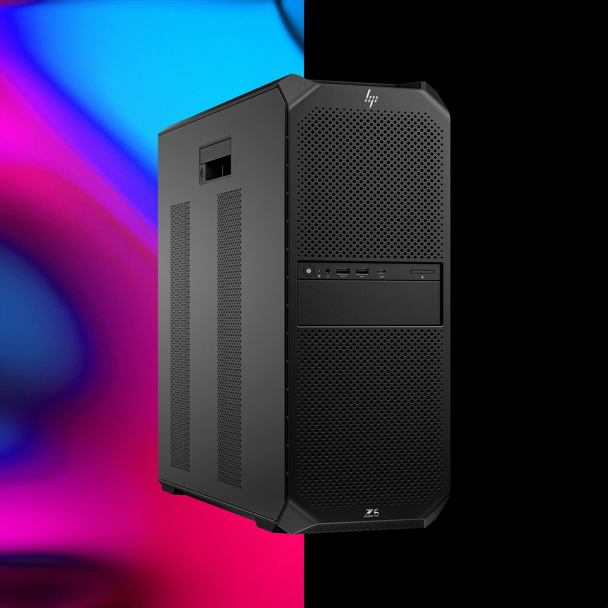 Ein schwarzer Desktop-Computer-Tower auf buntem Hintergrund mit sichtbarem HP-Logo.