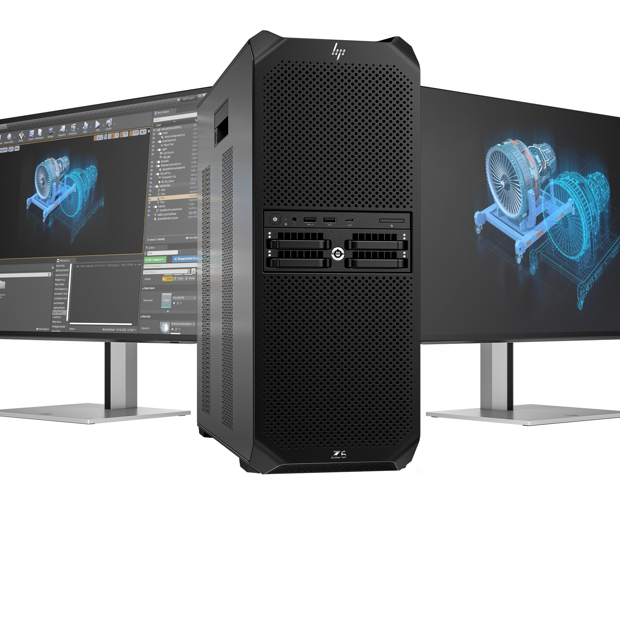Schwarze HP Z6 Workstation mit zwei Monitoren, die technische Diagramme anzeigen.