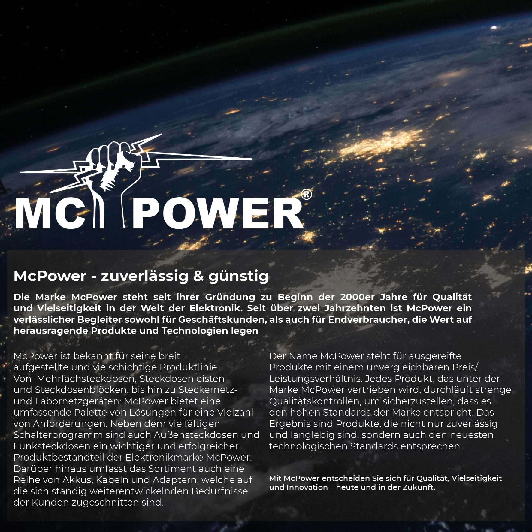 Text über einem Weltraumhintergrund. McPower-Markenlogo und Text über Produktqualität und Innovation.