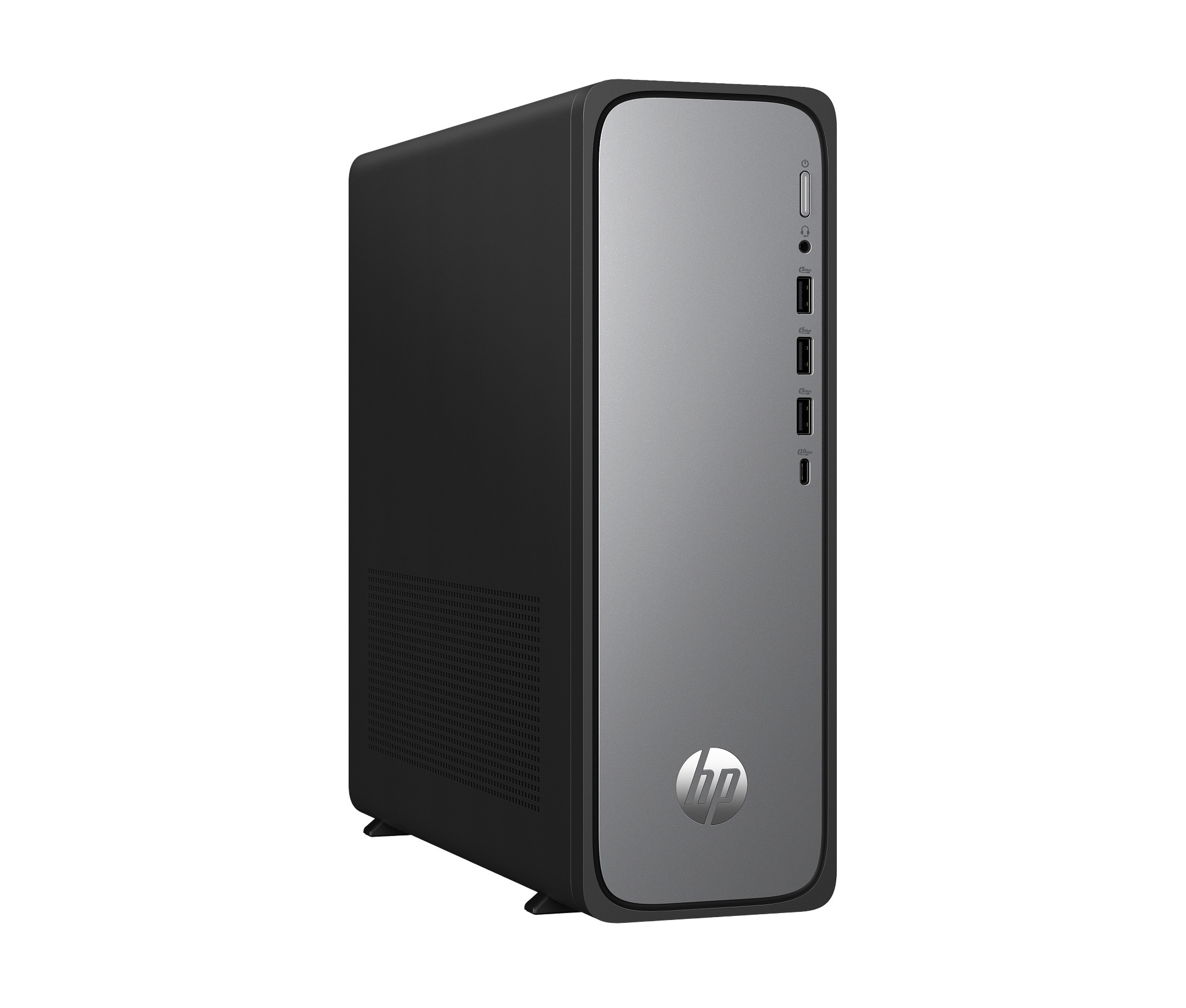 HP desktop computer case, silver front with black sides and a HP logo.