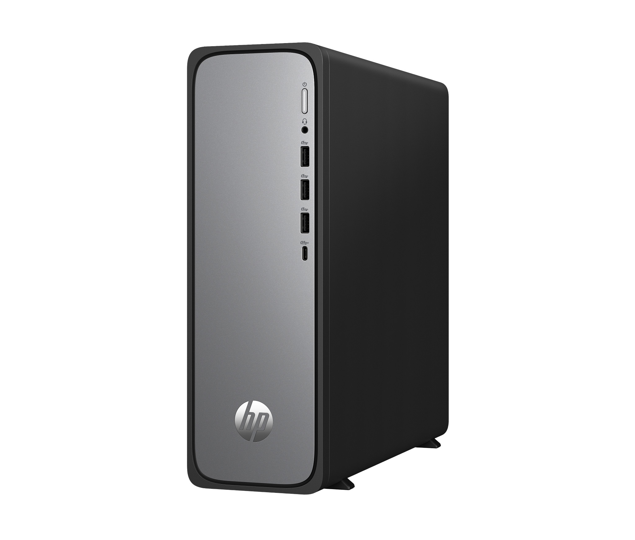A black and silver computer tower with the HP logo. The tower has a sleek, modern design.