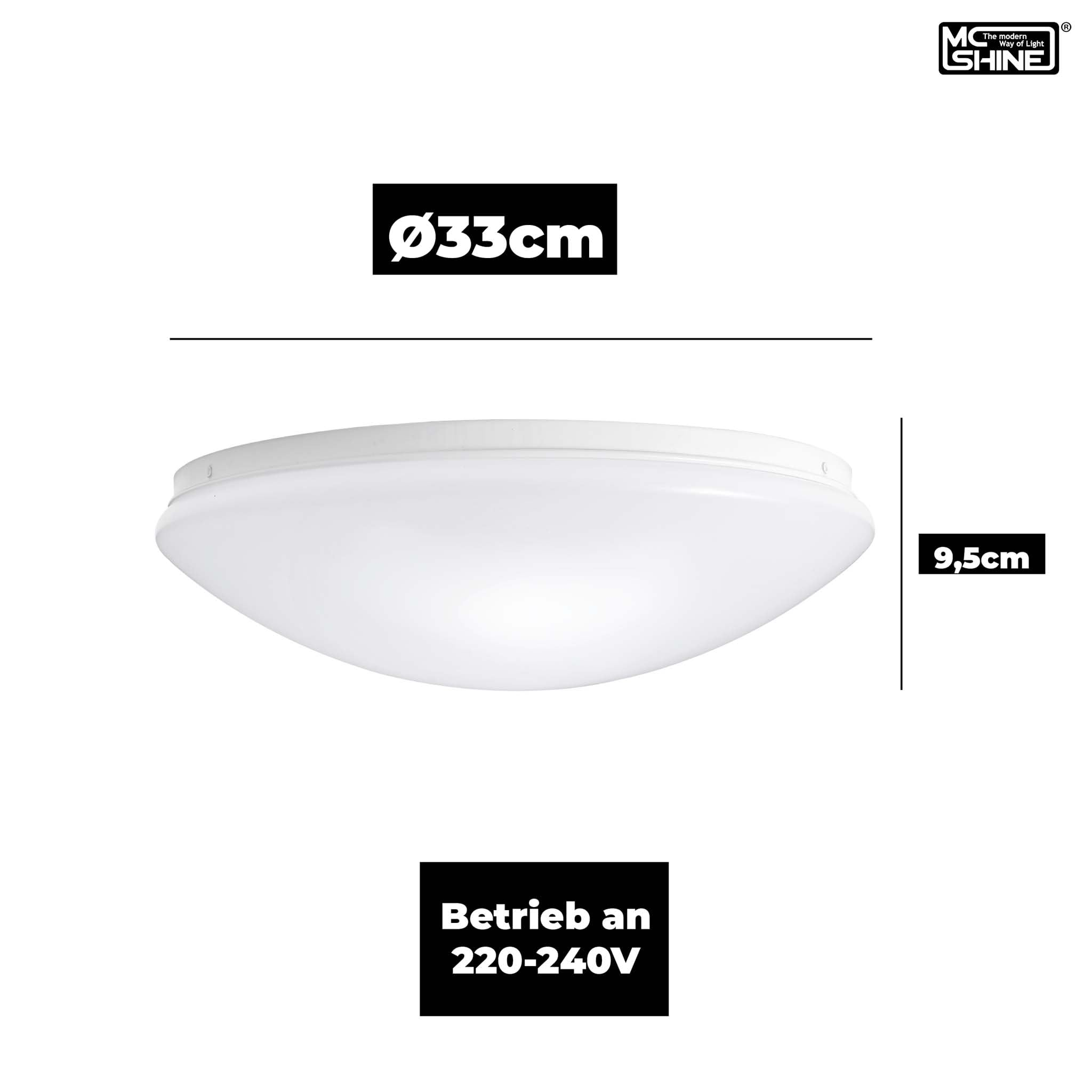 Eine weiße, kreisförmige Deckenleuchte mit Maßangaben. Text: 'Ø33cm' und '9,5cm'. Unten steht 'Betrieb an 220-240'.