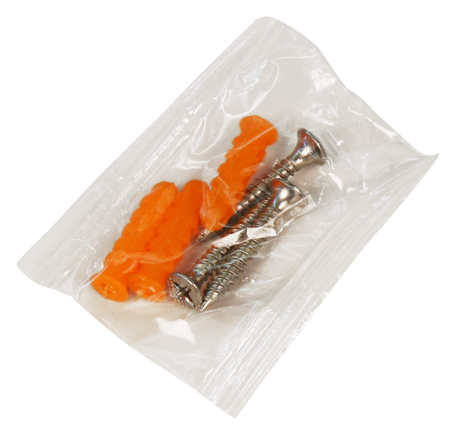 Eine transparente Plastiktüte mit orangefarbenen Wanddübeln und silbernen Schrauben. Weißer Hintergrund.