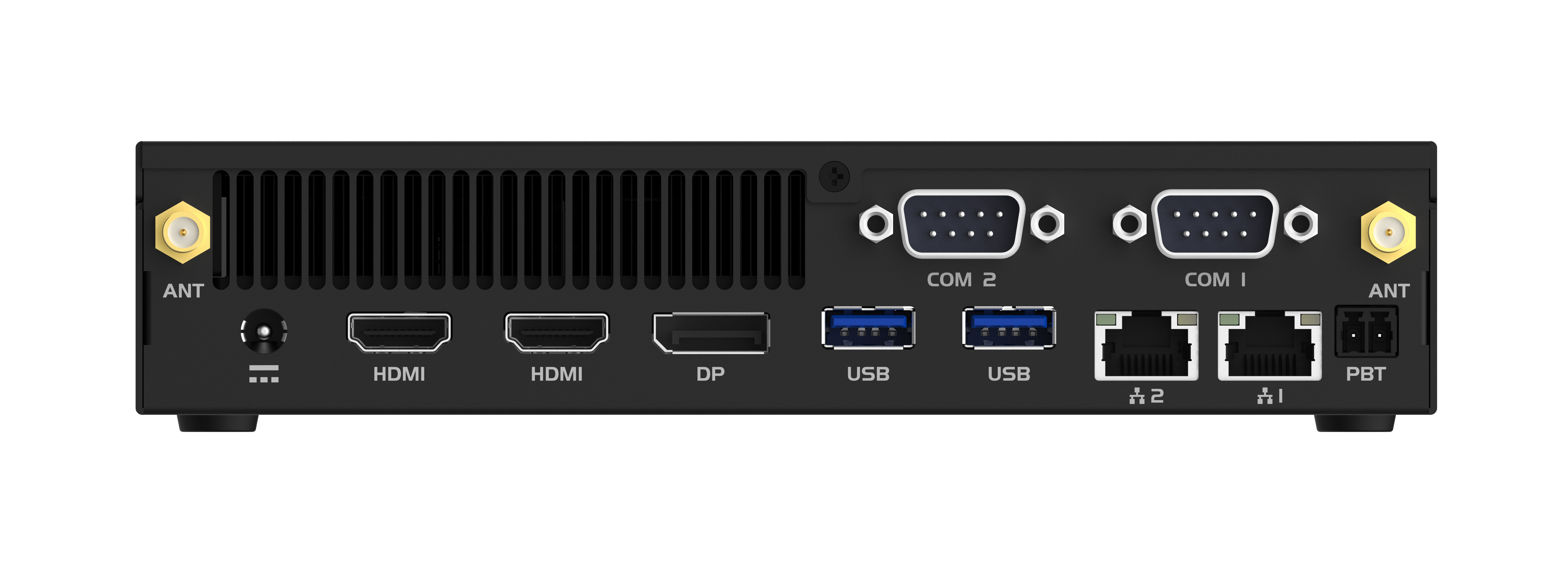 Vista posteriore di un mini PC nero con porte per varie connessioni.