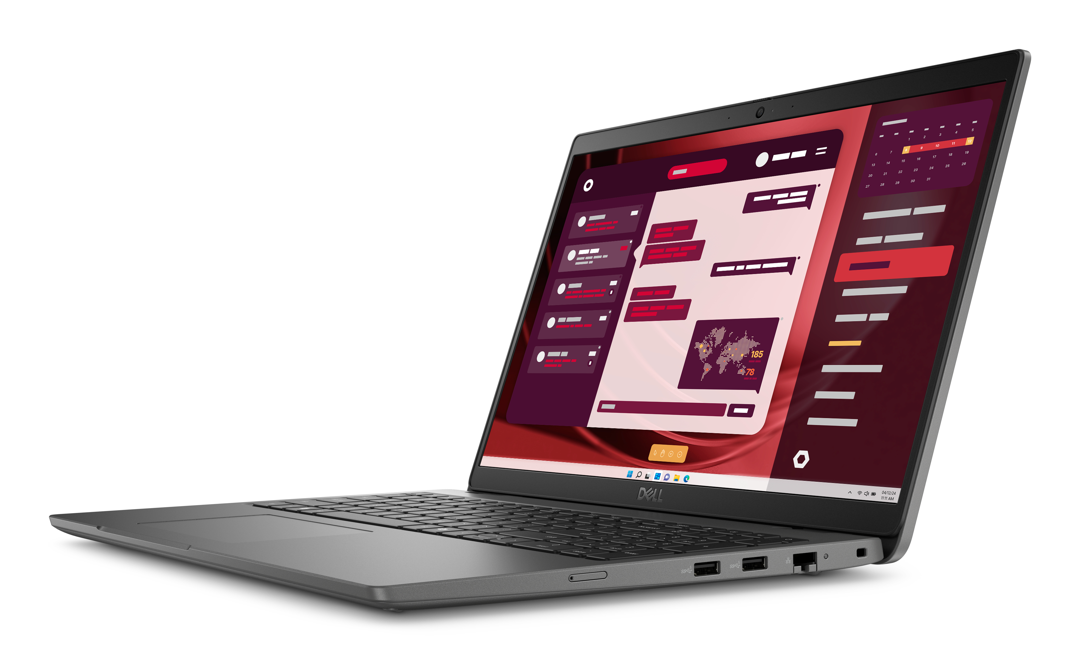 Laptop Dell aperto, mostra un'interfaccia aziendale con grafici e un calendario sullo schermo. Laptop grigio.