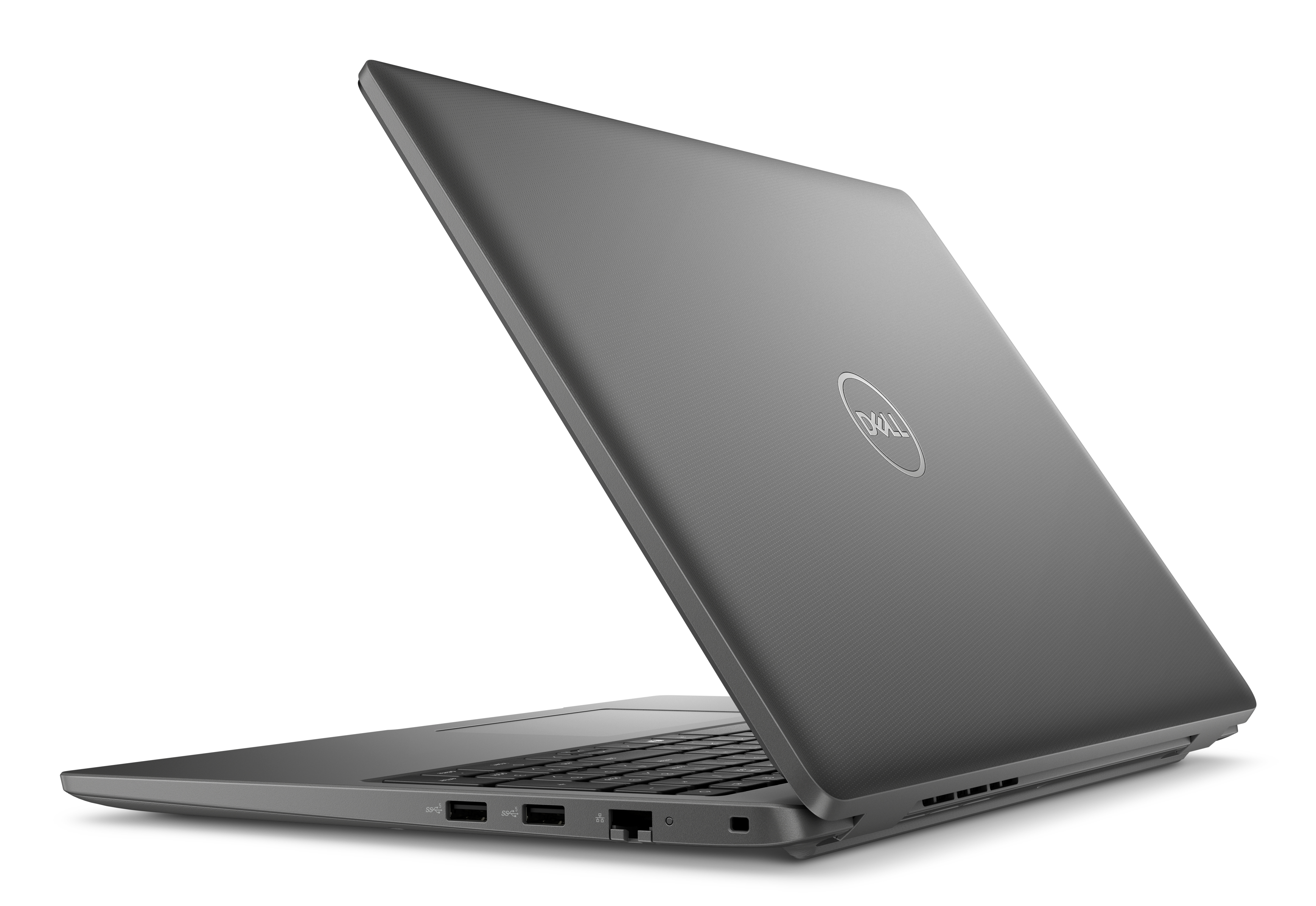 Un laptop grigio con il logo Dell sul retro, leggermente aperto.