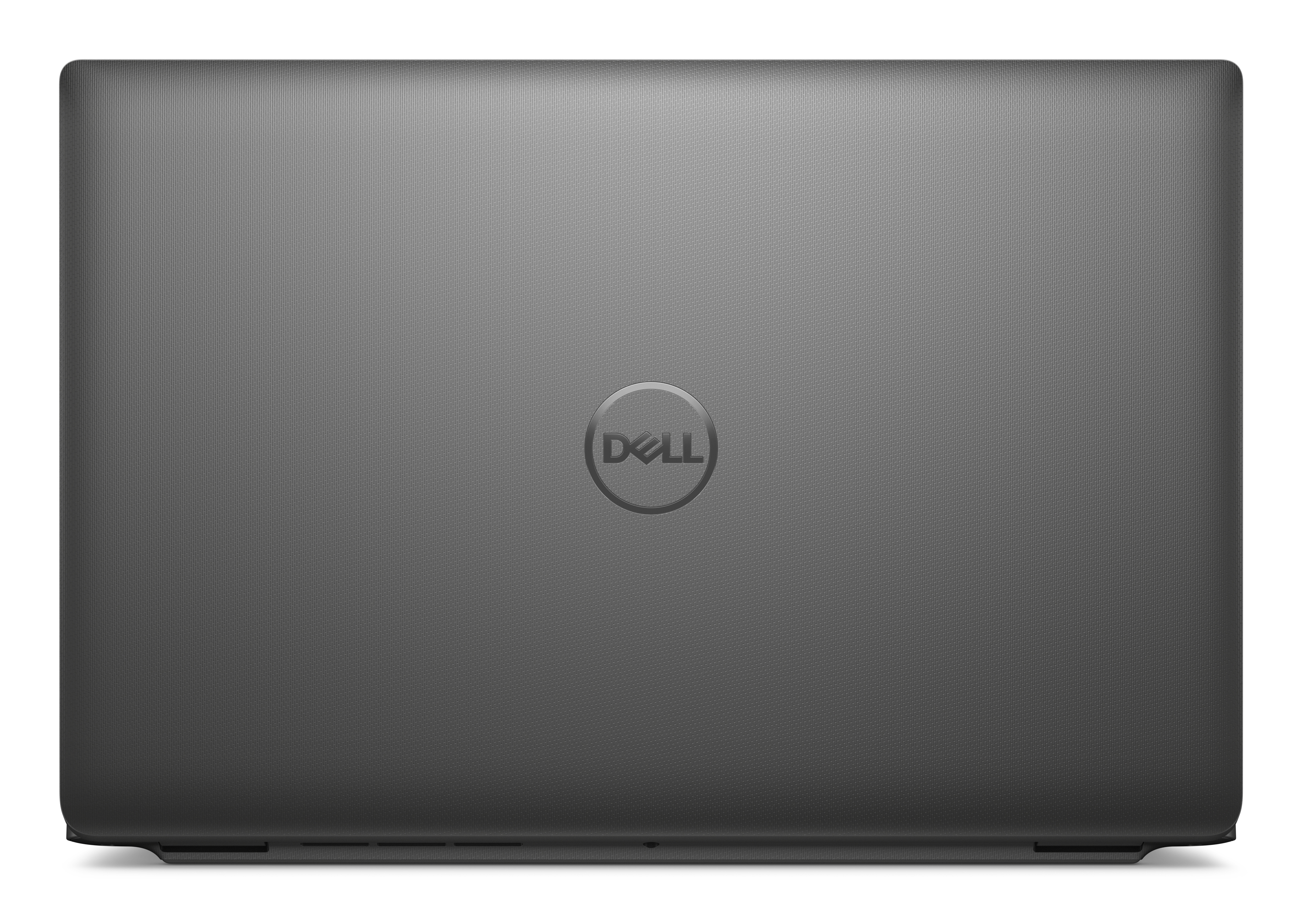 Coperchio del laptop grigio scuro con logo Dell al centro.