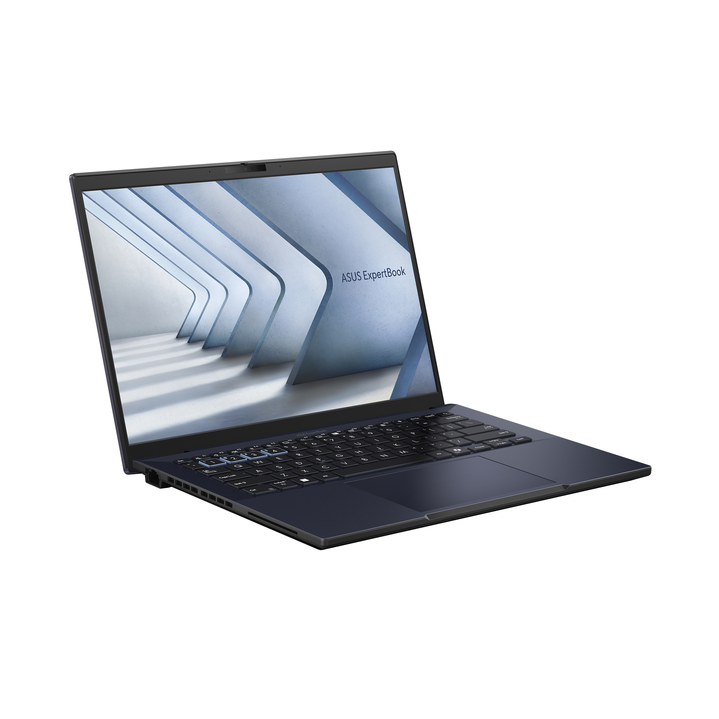 Un portátil ASUS ExpertBook azul oscuro, abierto, mostrando el teclado, la pantalla y el logotipo.