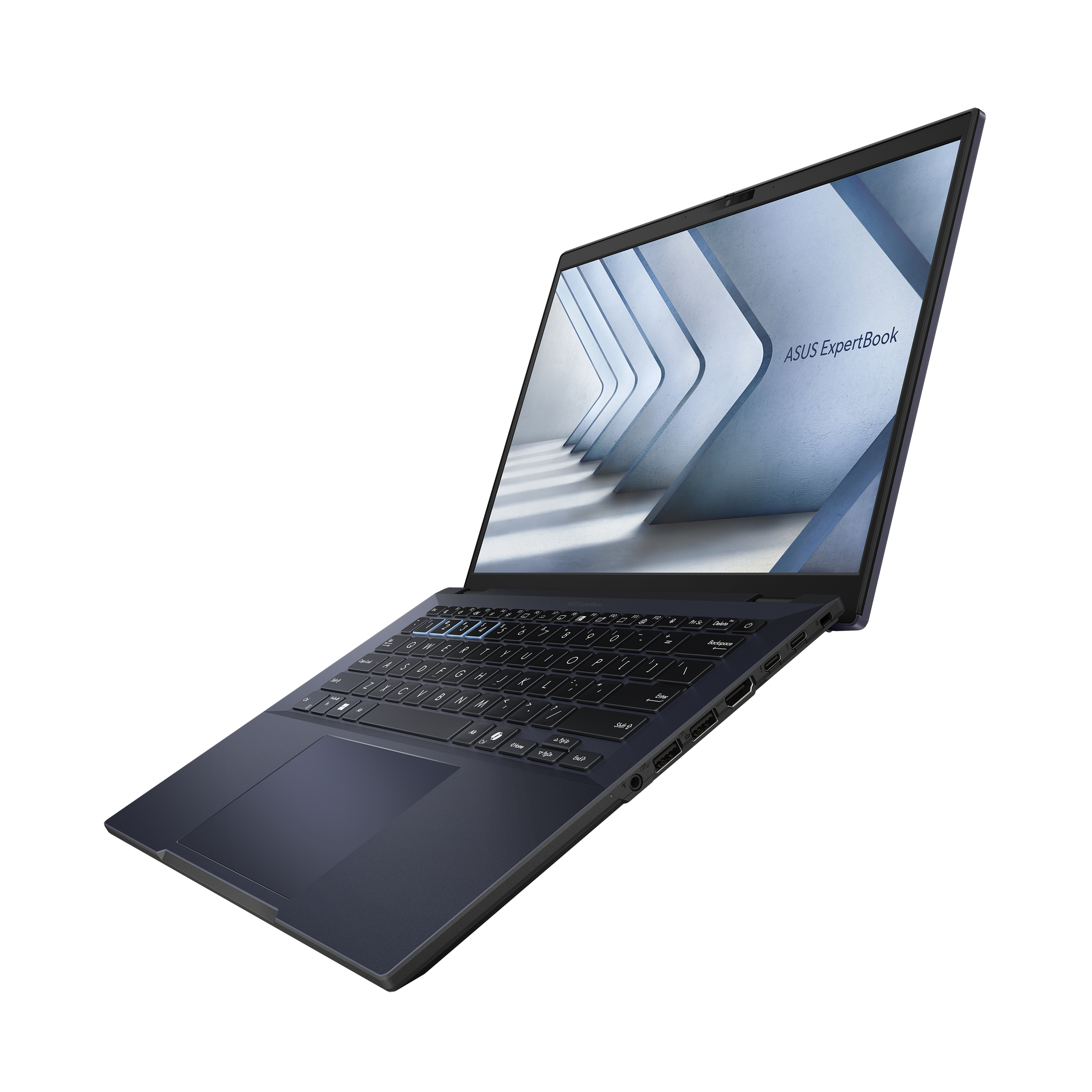 Portátil ASUS ExpertBook, abierto, en ángulo. Pantalla muestra diseño geométrico azul y blanco. Teclado negro.