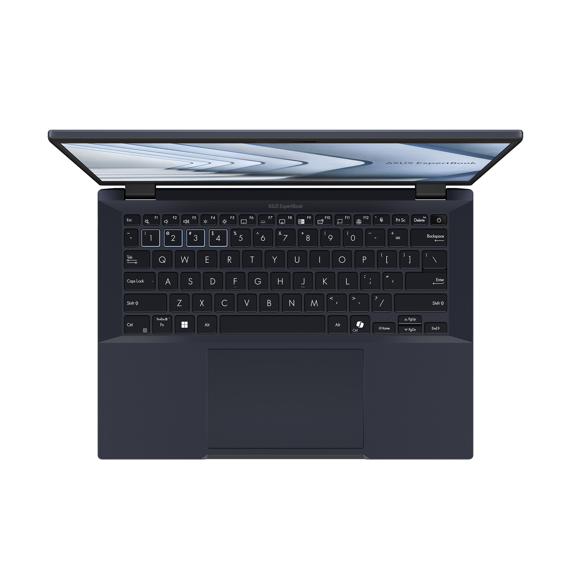 Portátil azul, abierto, con teclado y panel táctil visibles.