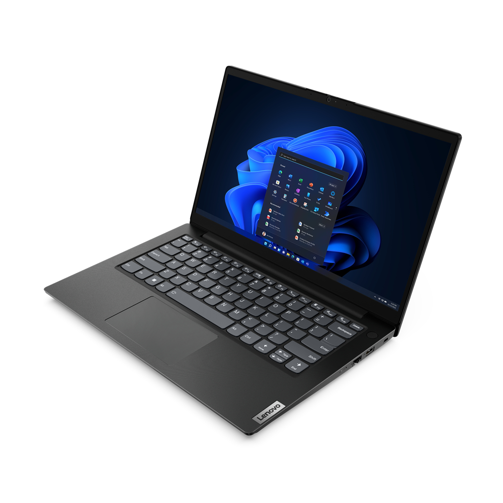 Siyah bir Lenovo dizüstü bilgisayar açık, bir Windows arayüzü görüntülüyor. Klavye görünür ve ekran parlak.