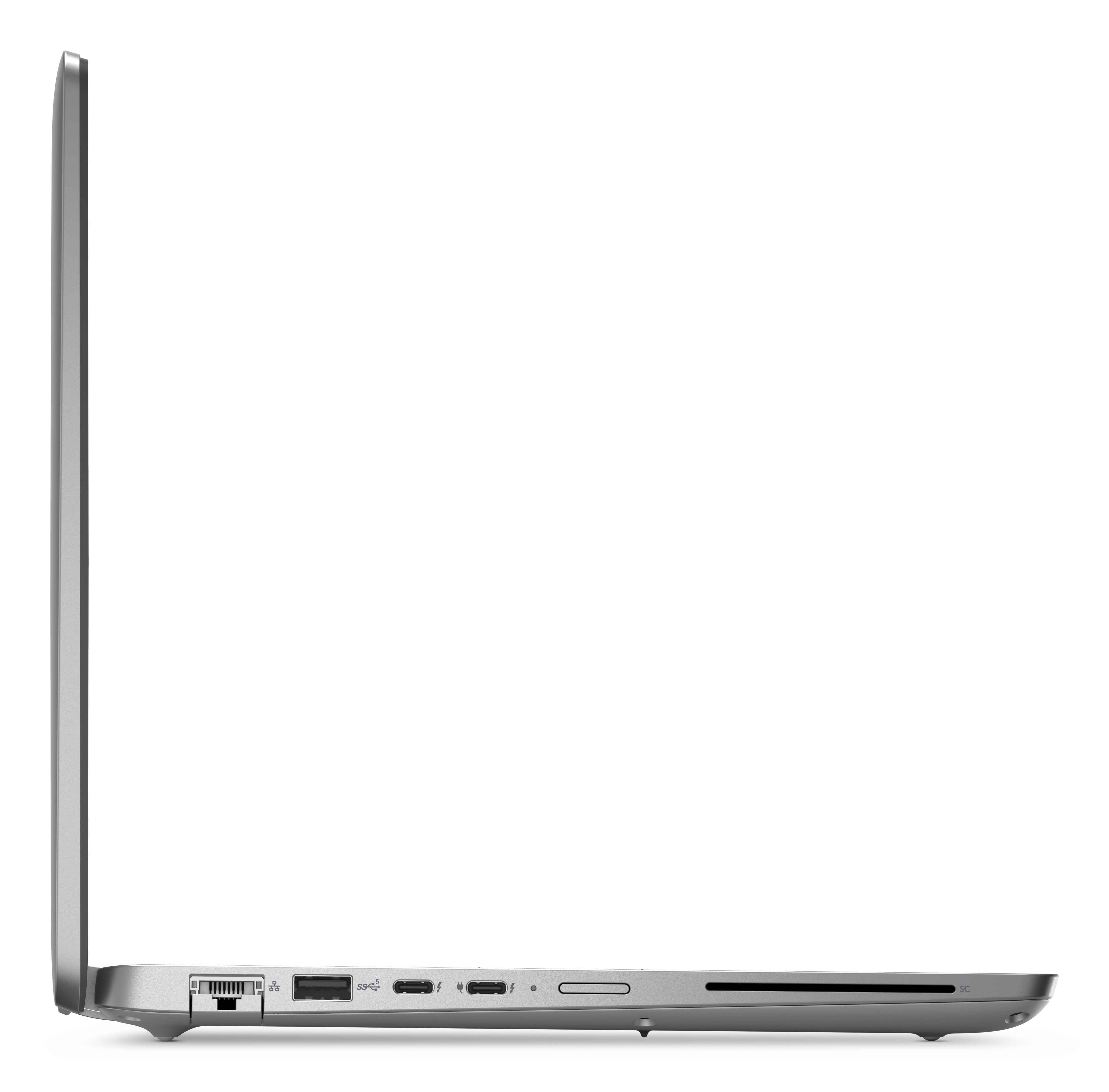 Vista laterale di un laptop argentato con porte e un pulsante di accensione laterale.