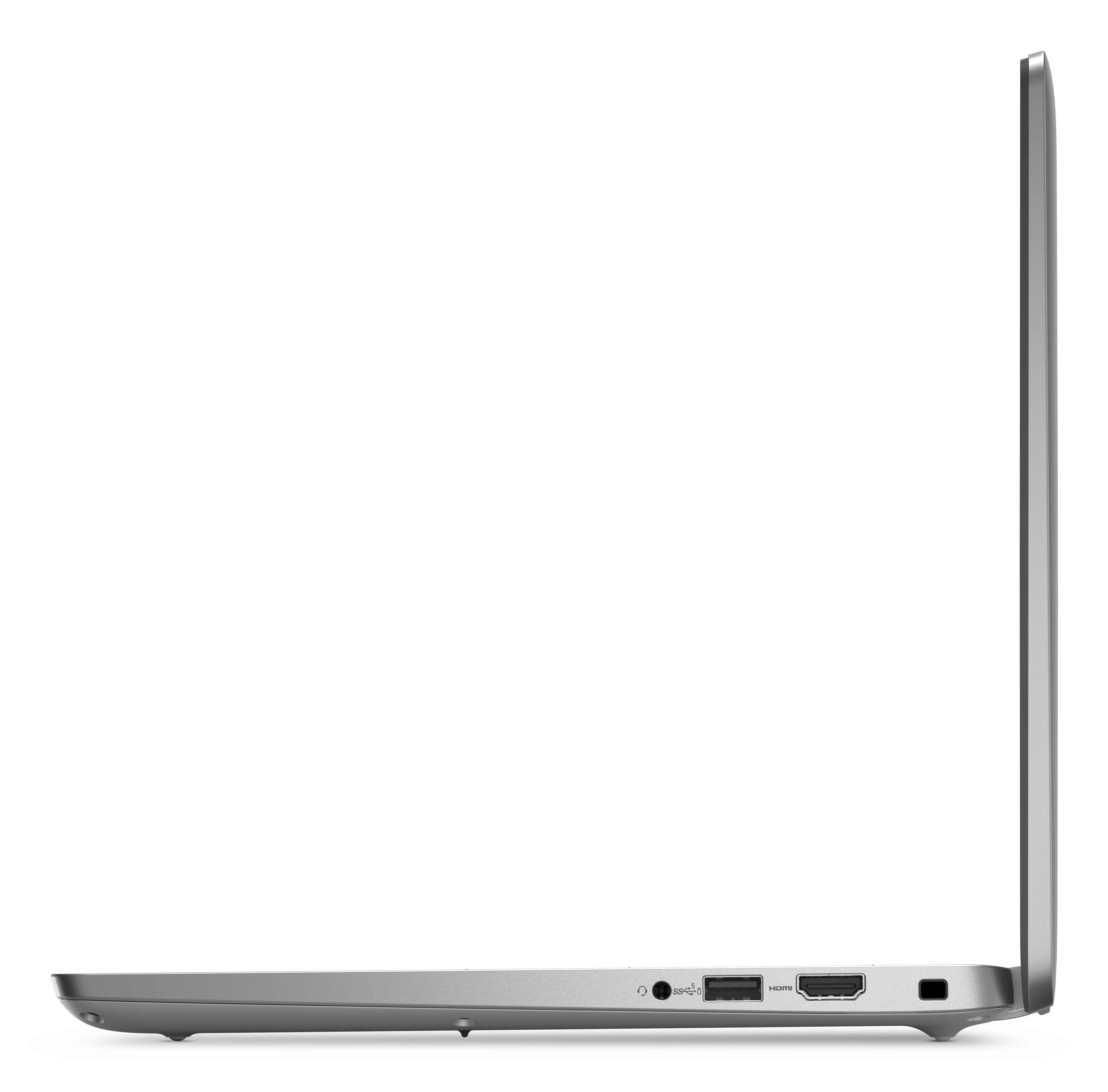 Vista laterale di un laptop grigio. Porte sul lato sinistro. Sfondo bianco. Il laptop è chiuso.