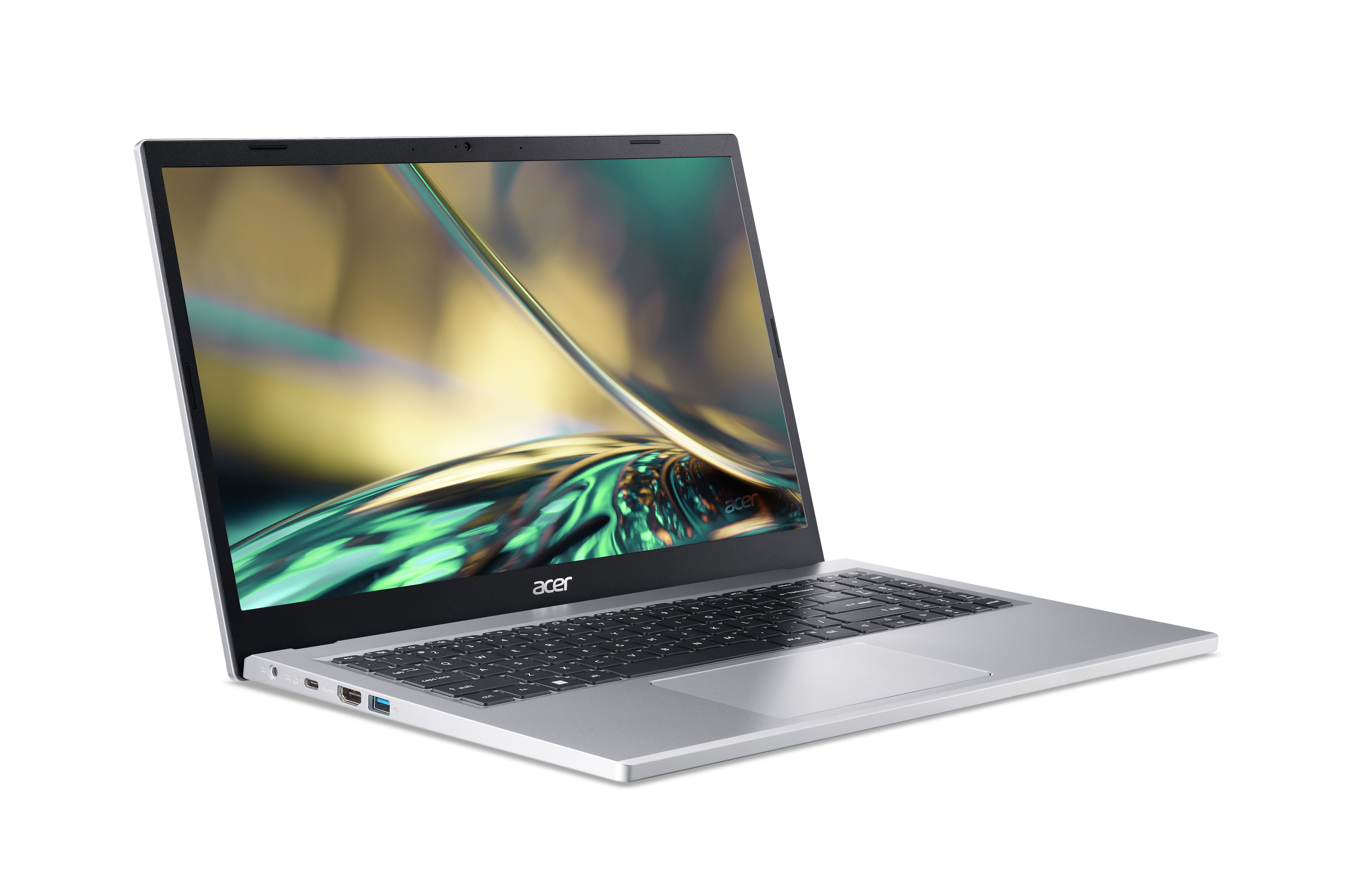 Srebrny laptop na białej powierzchni, otwarty, wyświetlający kolorowe, abstrakcyjne tło na ekranie.