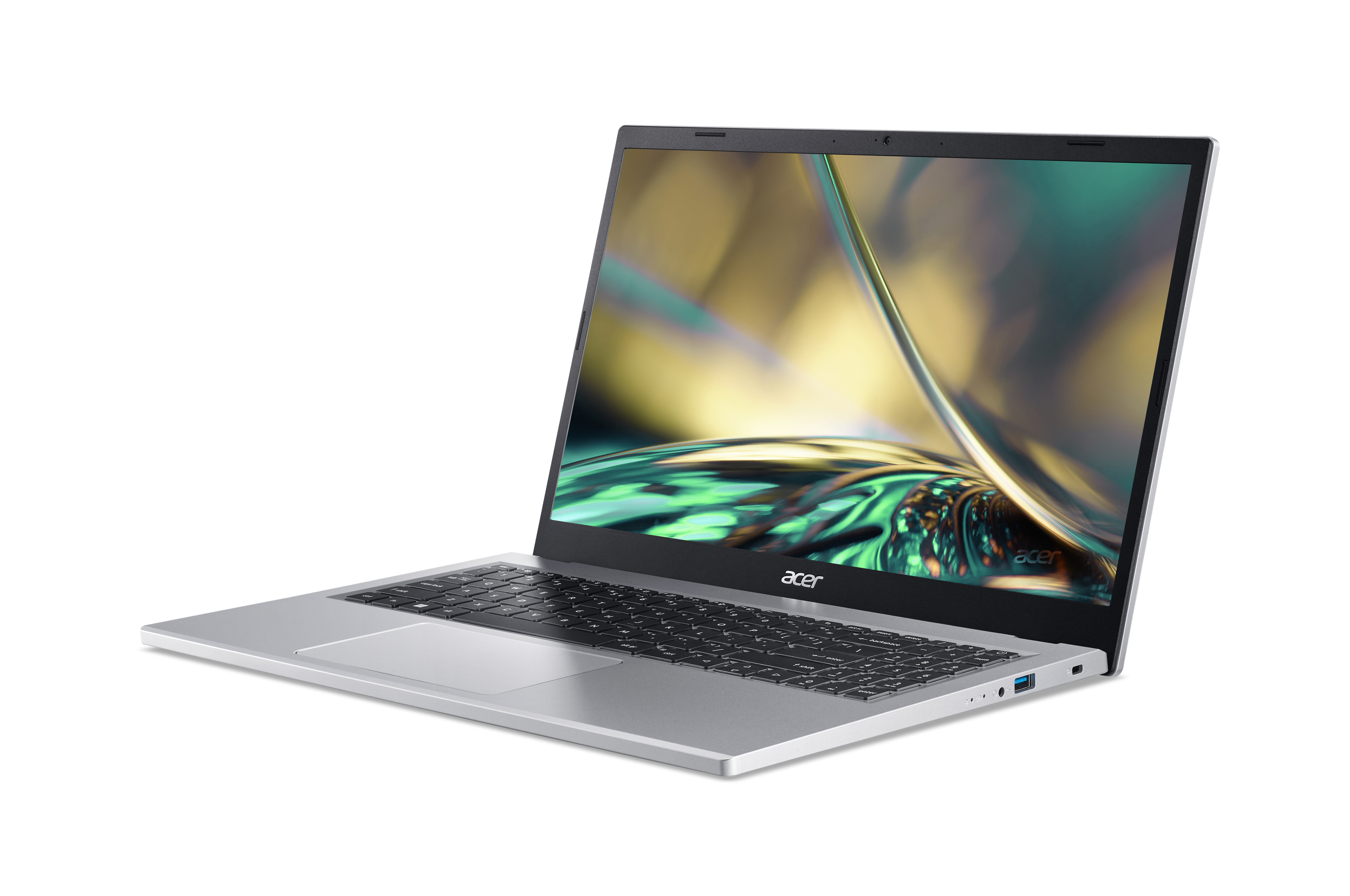 Srebrny laptop z otwartym ekranem wyświetlającym kolorowe abstrakcyjne kształty na białym tle.