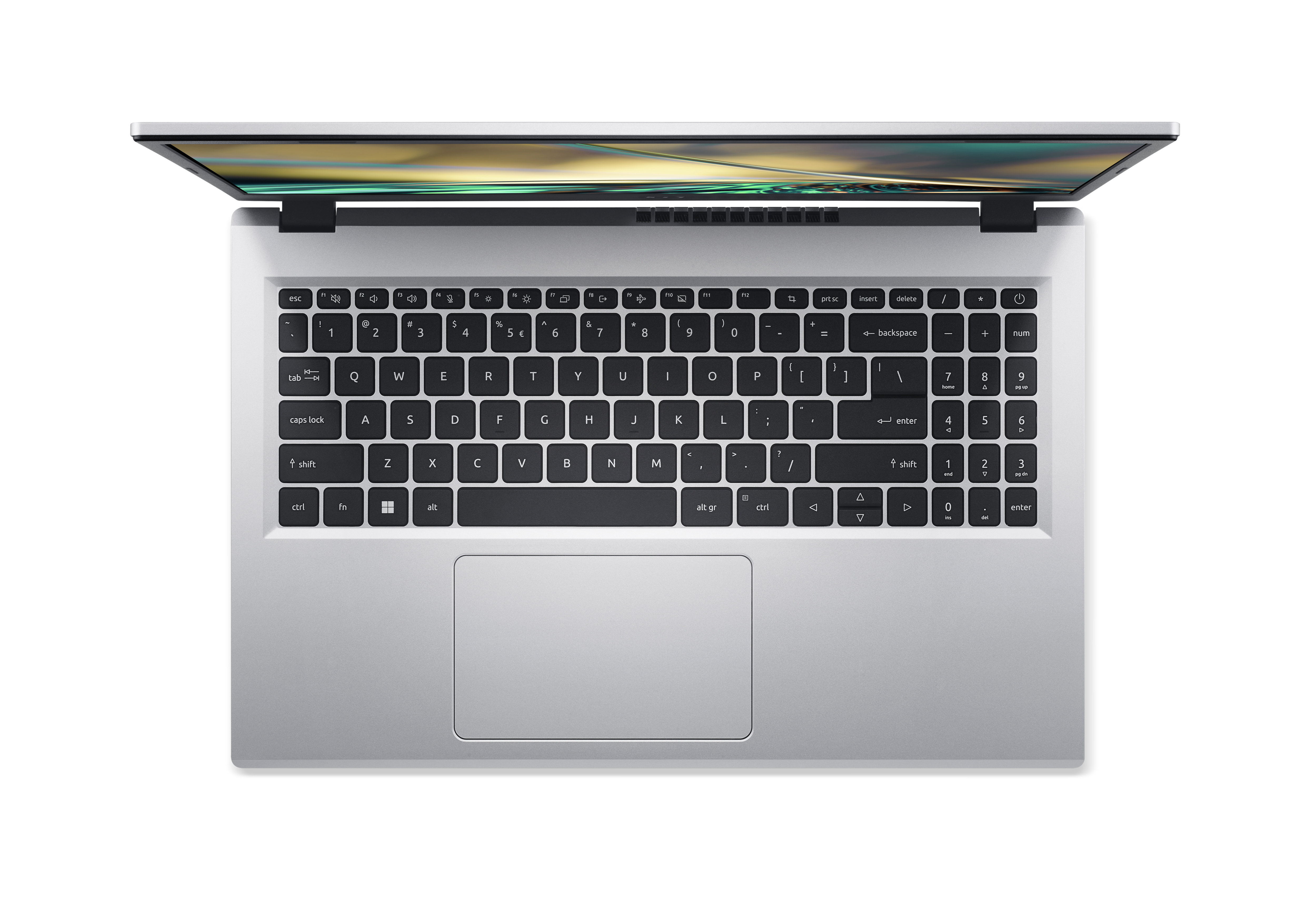 Laptop, widok z góry, z otwartym ekranem, widoczną klawiaturą, na białym tle.