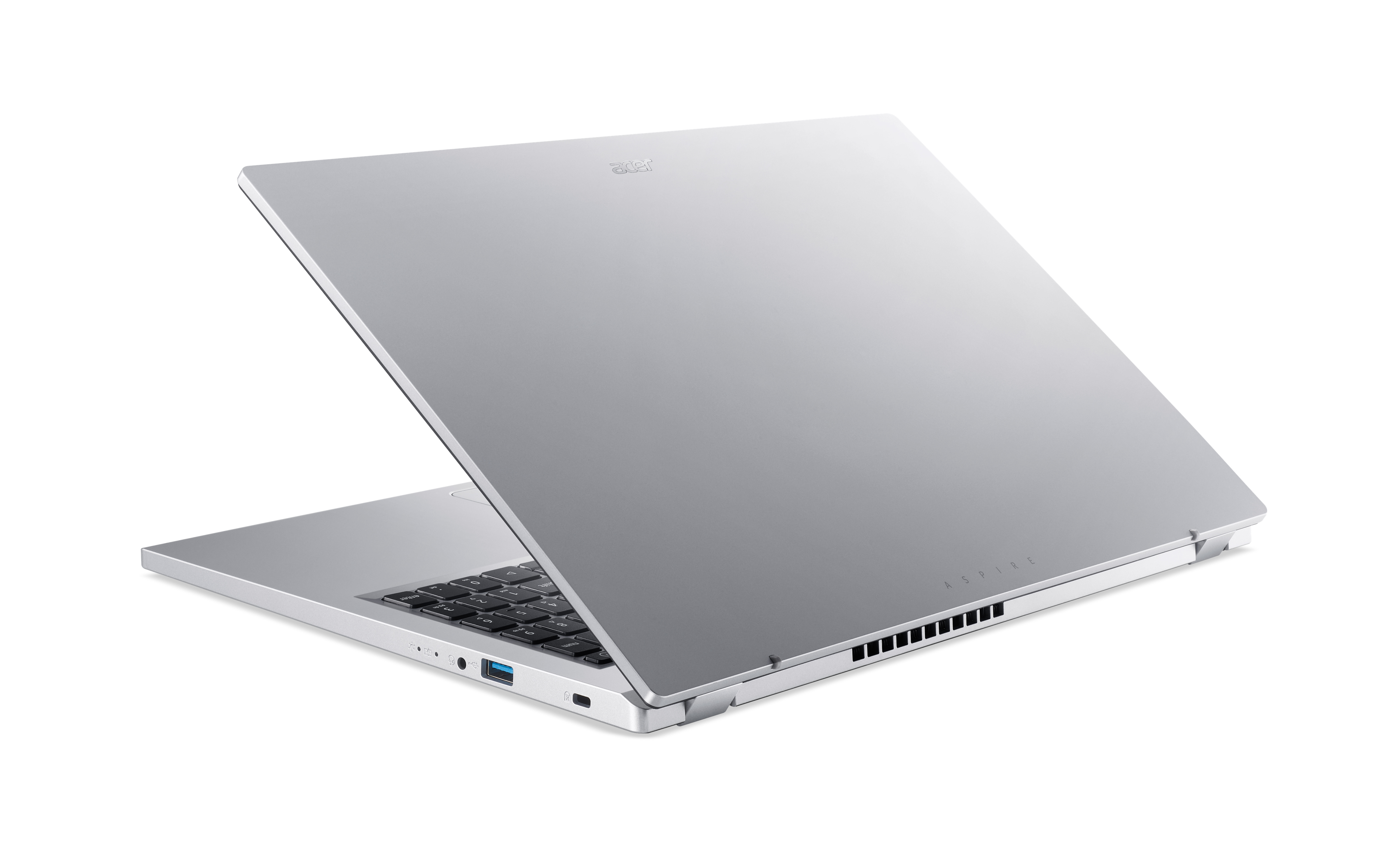Srebrny laptop, otwarty, z klawiaturą i ekranem, z logo Acer.