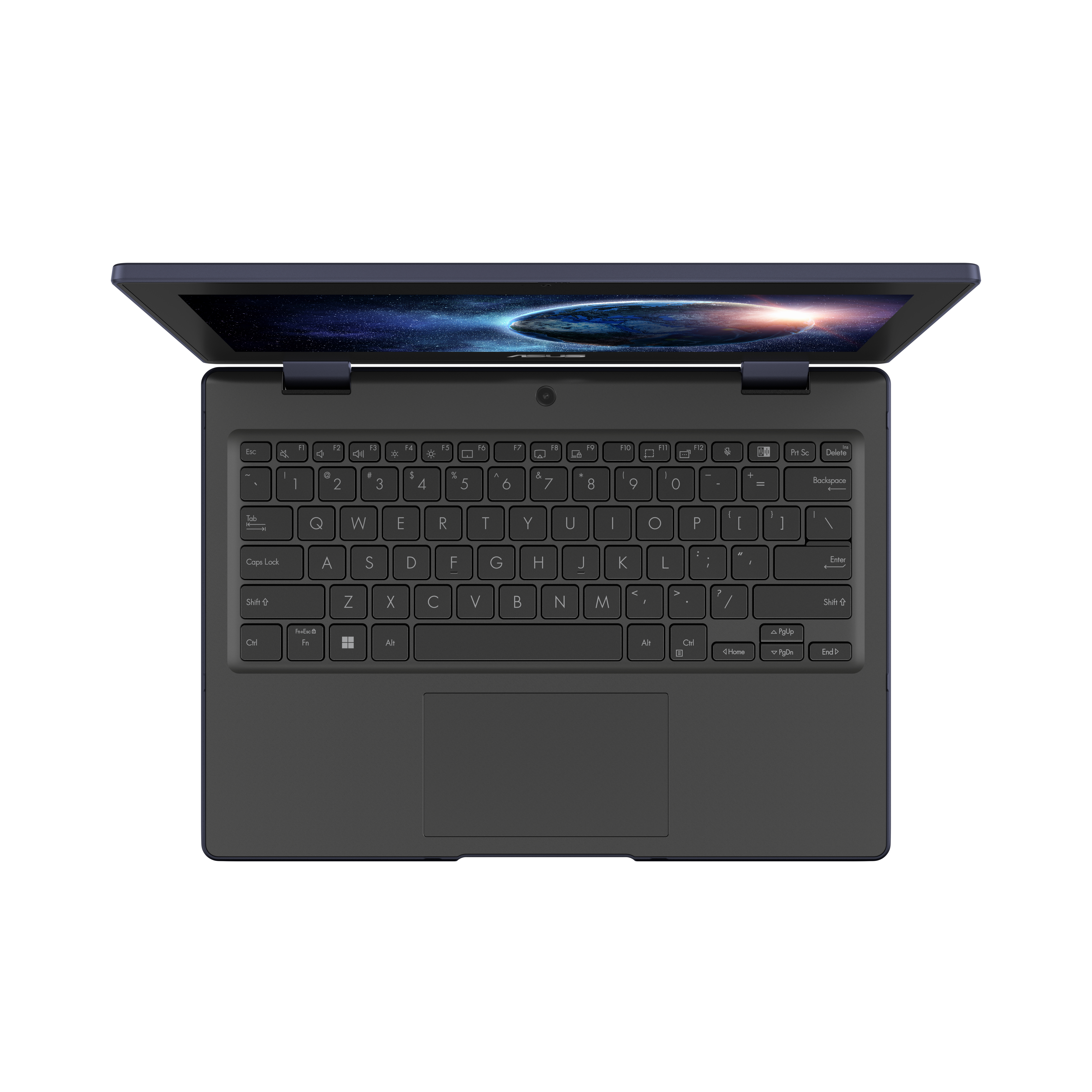 Vista superior de un portátil con marco azul oscuro y pantalla que muestra una galaxia. Teclado visible.