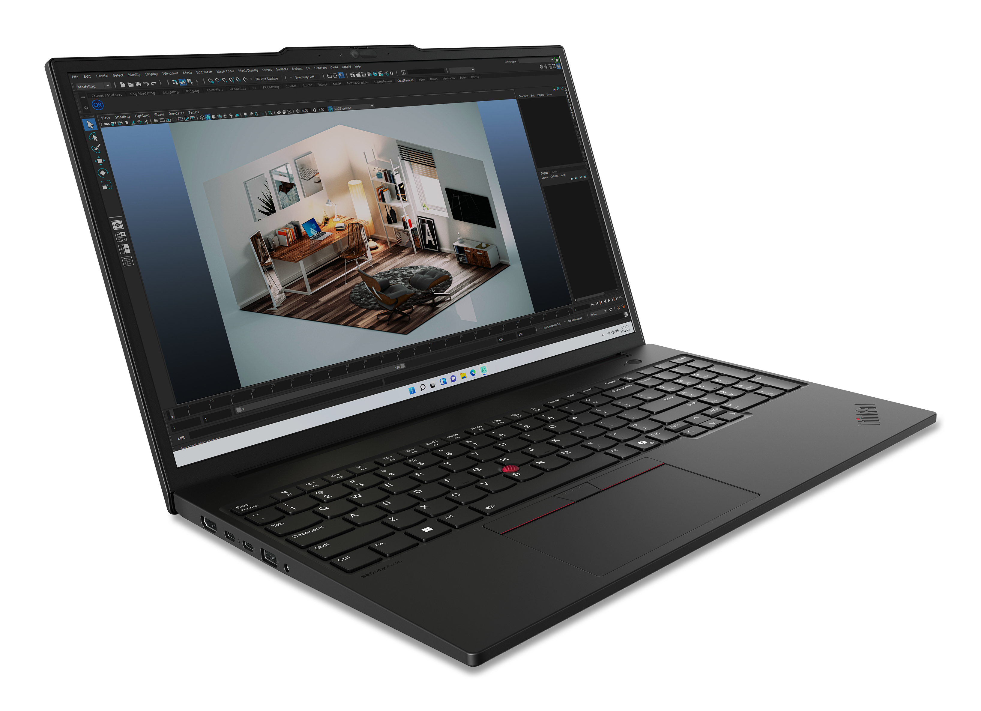 Czarny laptop otwarty, wyświetlający render 3D wnętrza pokoju, ze stołem i krzesłem.