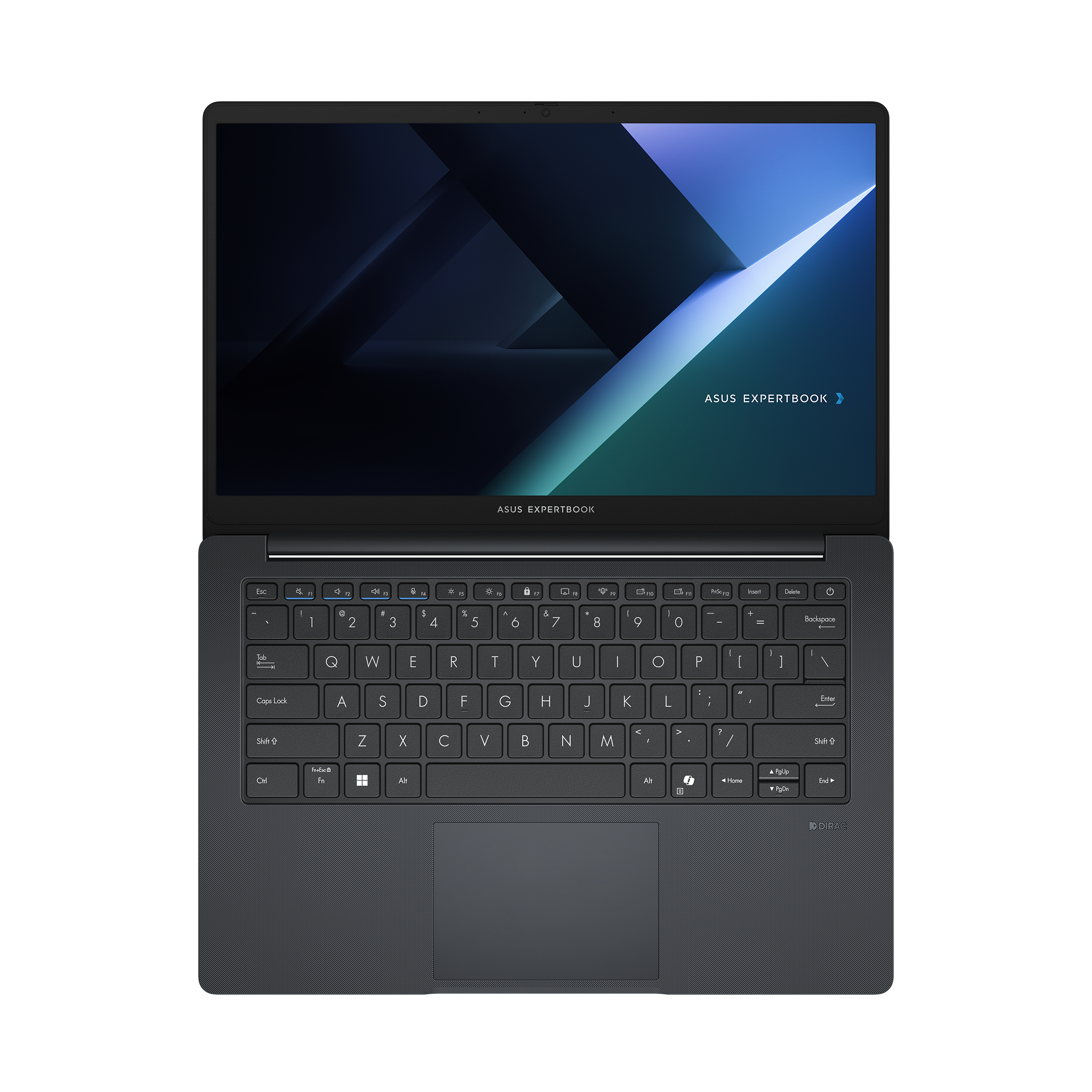 Ordinateur portable noir avec écran affichant un design abstrait bleu. Clavier et pavé tactile visibles.