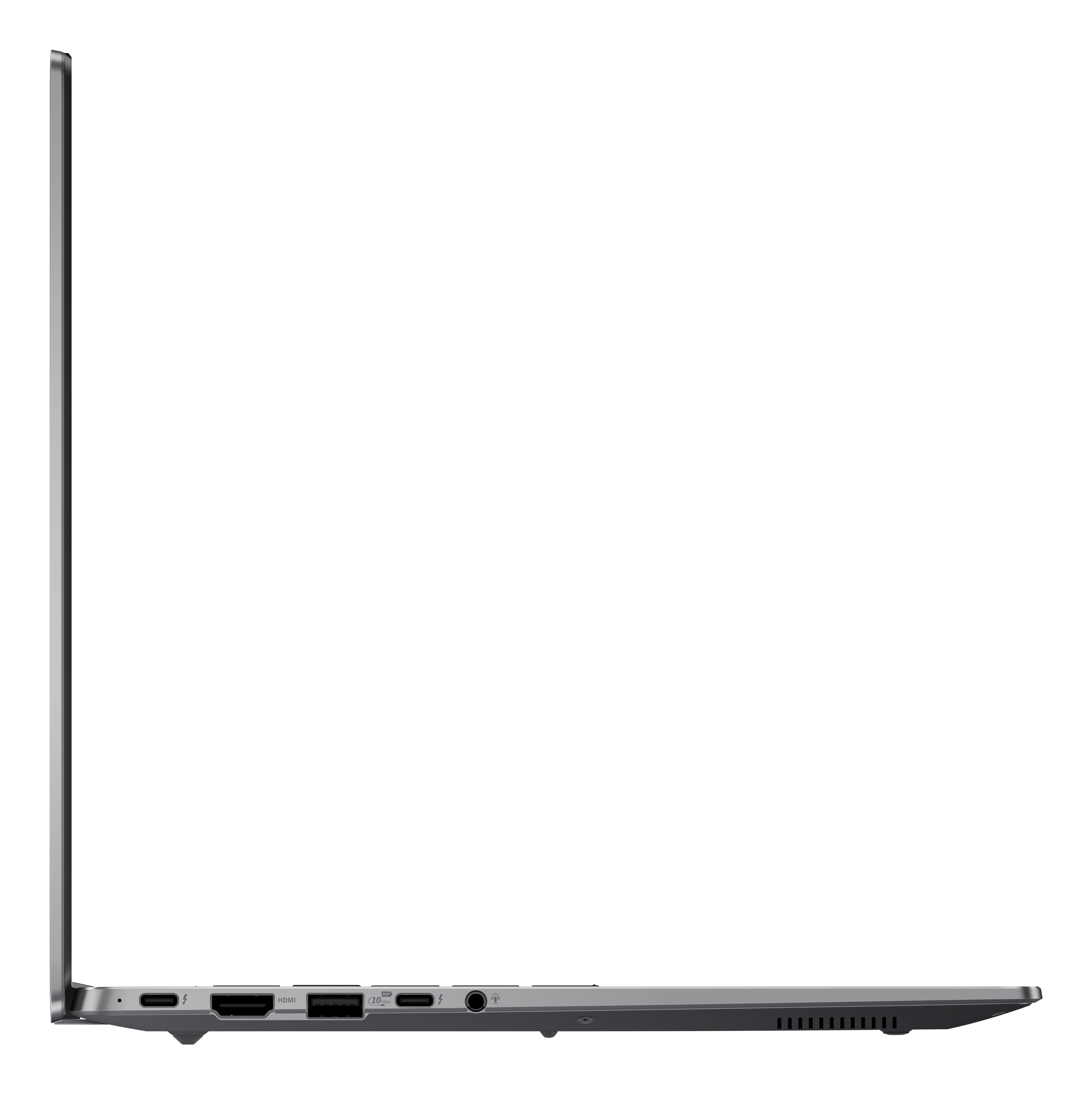 Seitenansicht eines grauen Laptops, geschlossen. Zeigt Anschlüsse und den Rand des Bildschirms, auf weißem Hintergrund.
