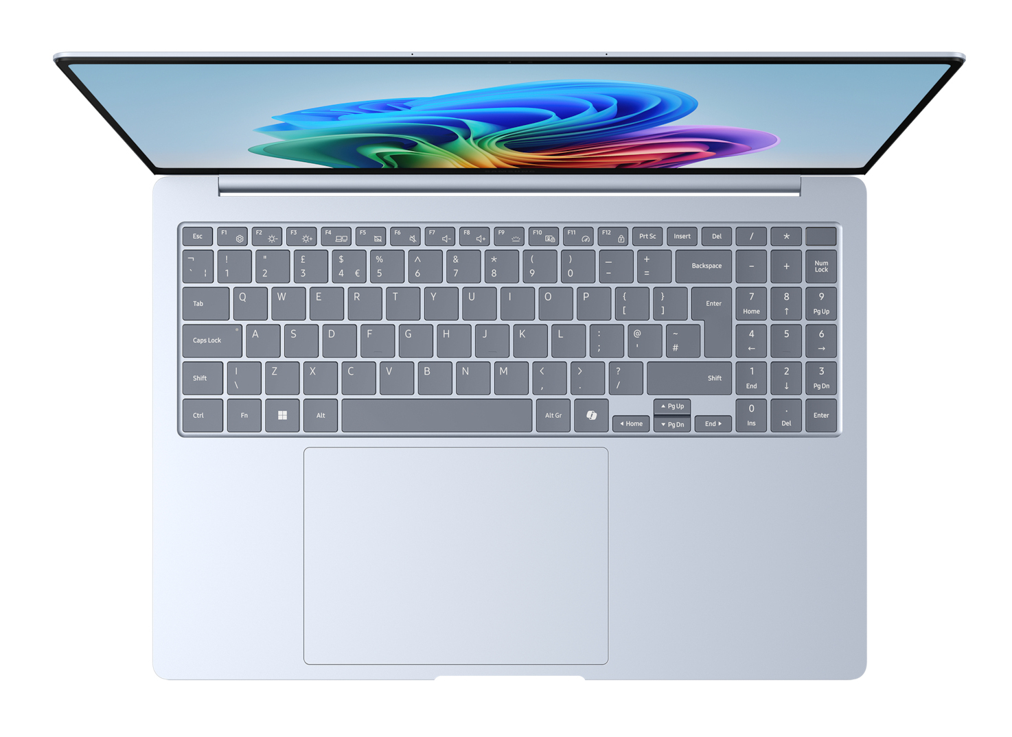 Widok z góry na otwarty laptop, widoczna klawiatura i ekran.