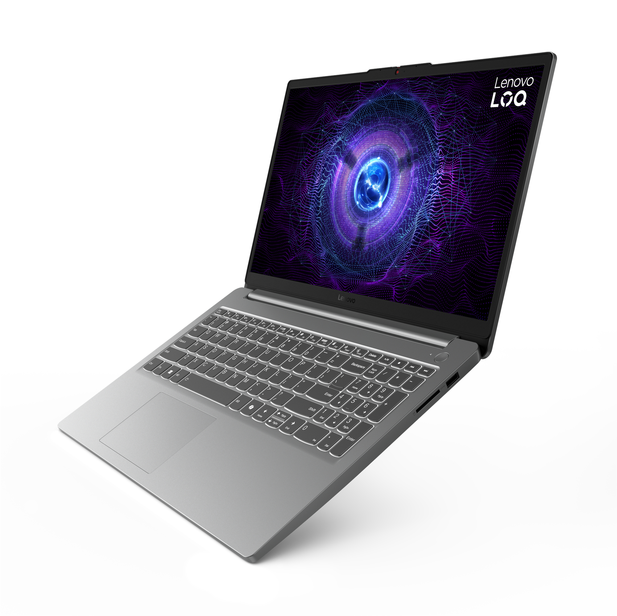 Ekranında Lenovo LOQ logosu olan gümüş renkli dizüstü bilgisayar, açılı görünüm.