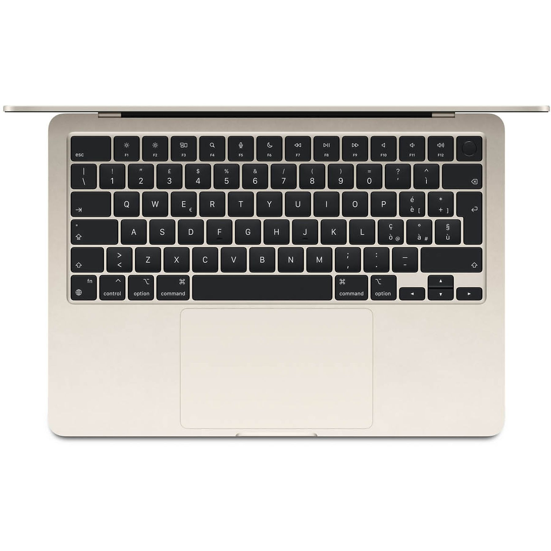 Vista dall'alto di una tastiera di laptop. Beige, con tasti neri, layout Apple.