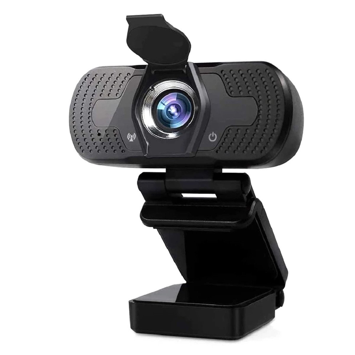 Eine schwarze Webcam mit Linse, Mikrofonlöchern und einem Ständer. Die Linse ist zentriert.
