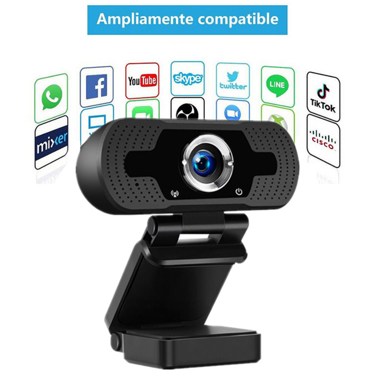 Schwarze Webcam mit Ständer, umgeben von Social-Media-Symbolen, die die Kompatibilität veranschaulichen.