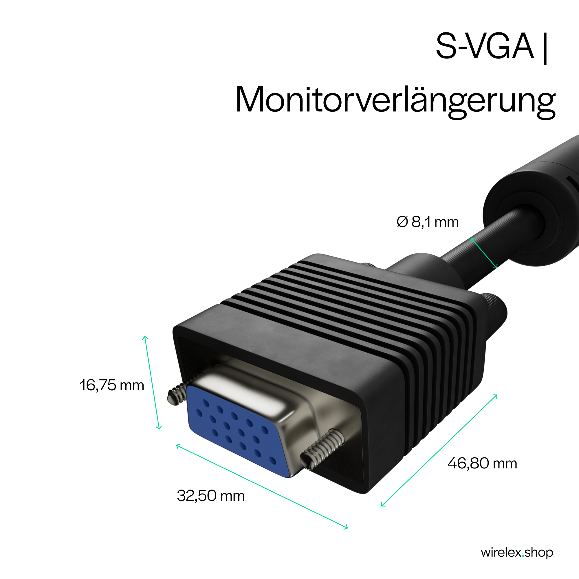 S-VGA-Monitorverlängerungskabel mit Abmessungen und Wirelex-Shop-Logo.