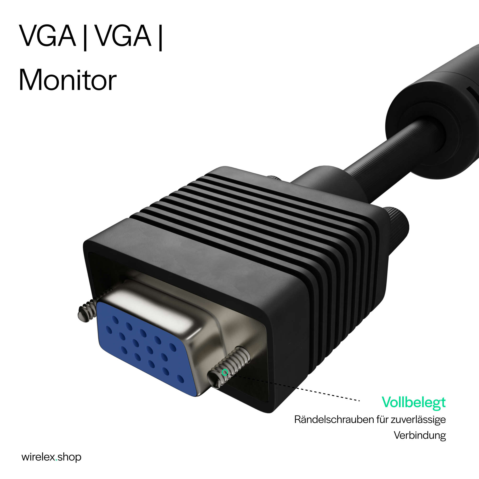 VGA-Monitorkabel mit blauem Stecker und Abmessungen. Wirelex-Shop-Logo.