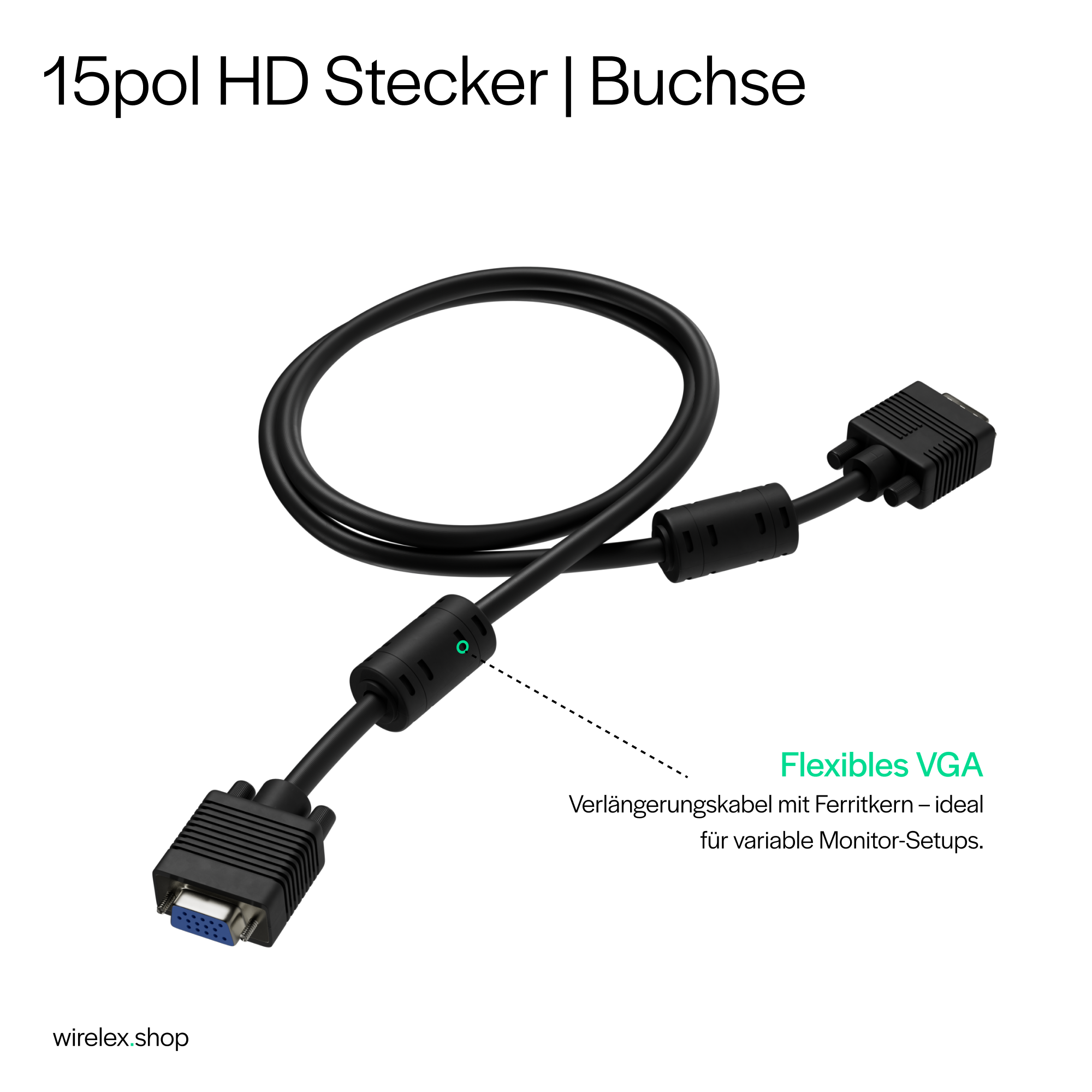 Bild zeigt flexibles VGA-Kabel. Text beschreibt es als VGA-Verlängerungskabel für variable Monitor-Setups.