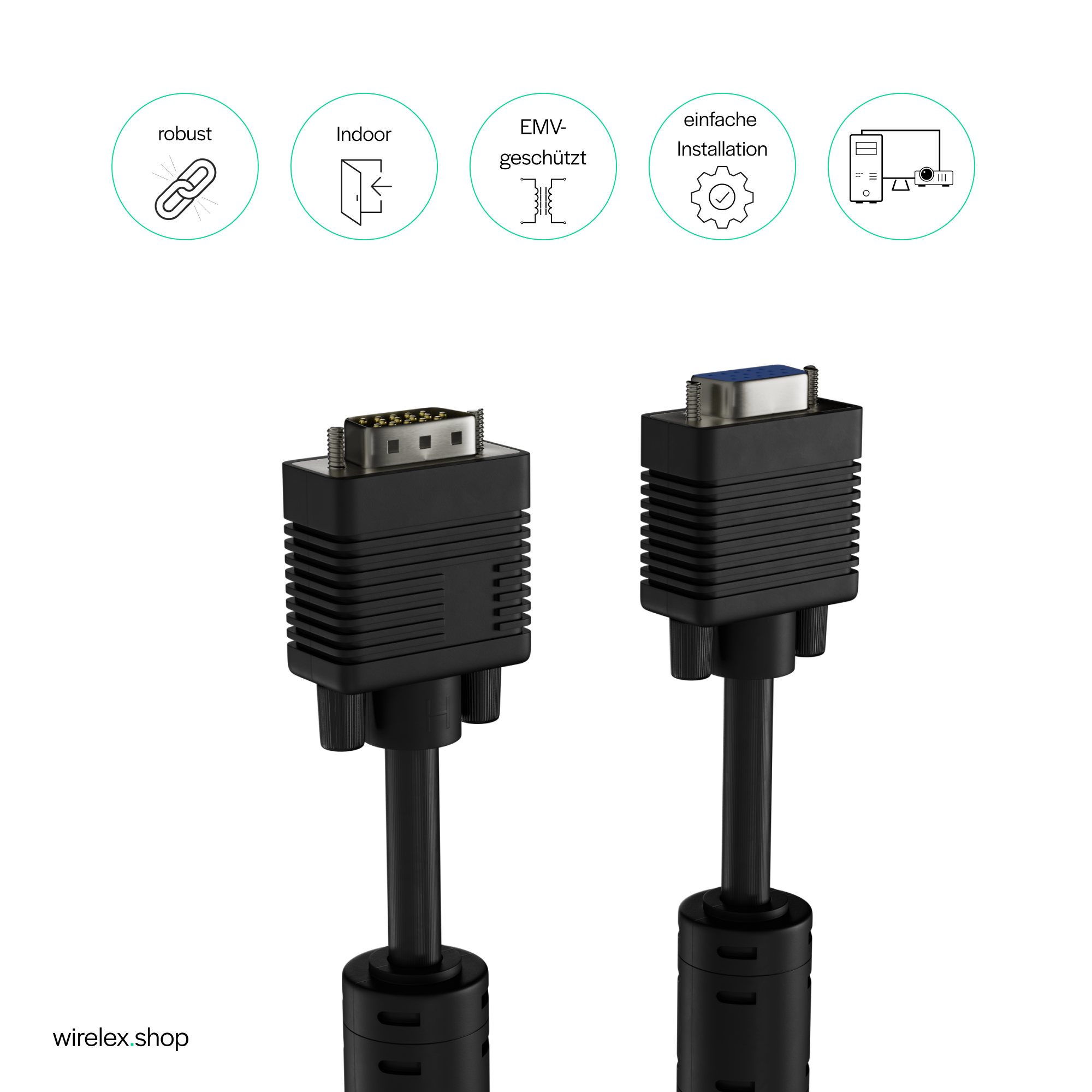 Bild zeigt zwei schwarze VGA-Kabel. Symbole zeigen robust, Indoor, EMV-geschützt und einfache Installation.