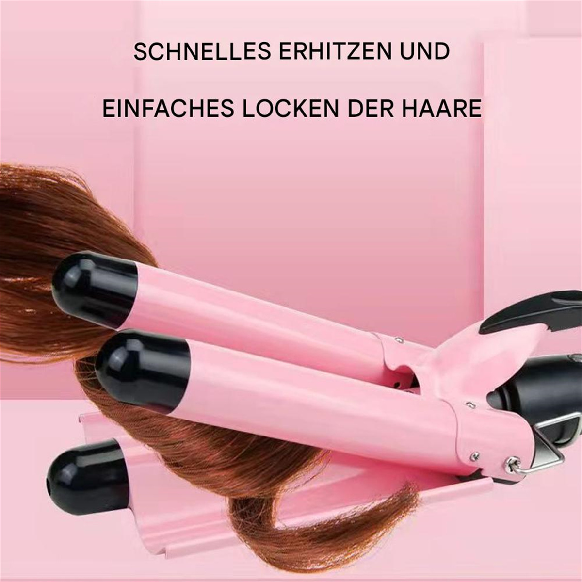 Rosa Lockenstab mit Haar um die Heizstäbe gewickelt, mit Text: 'SCHNELLES ERHITZEN UND EINFACHES LOCKEN DER HAARE'.