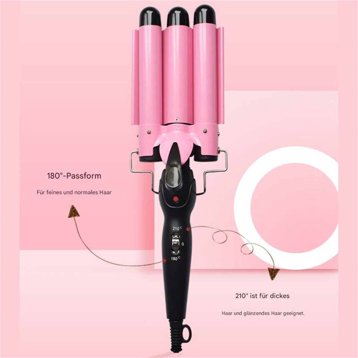 Ein pinkfarbener Haarwellengenerator mit schwarzem Griff, der Temperatureinstellungen und Text anzeigt.