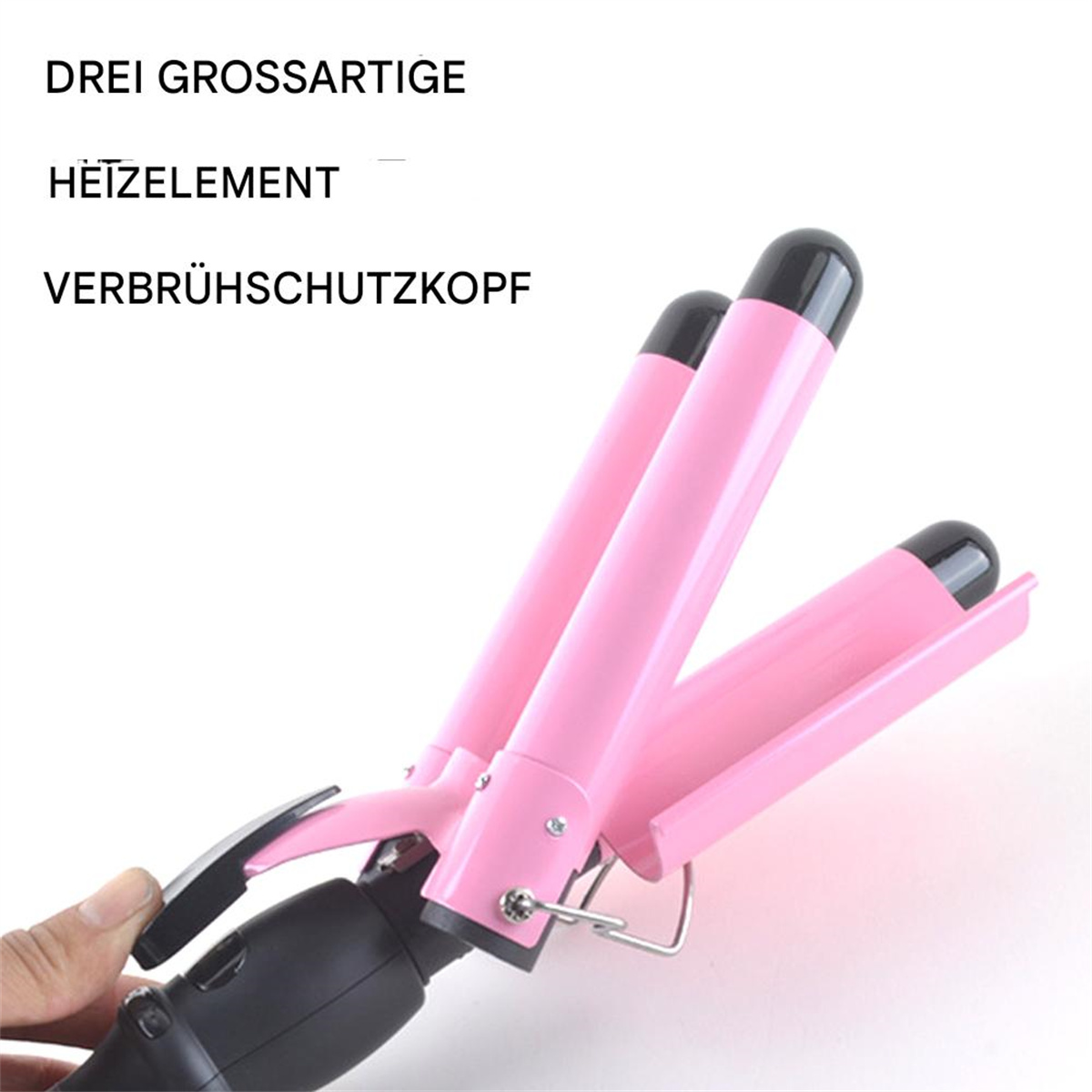 Pinker Lockenstab mit drei Heizelementen und schwarzen Griffen.